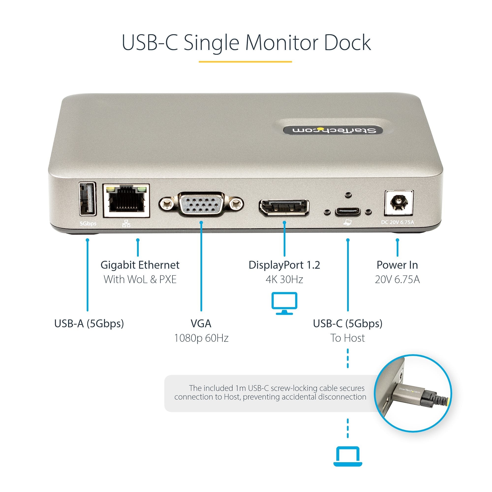 USB C Dock - USB-C to DisplayPort 4K 30Hz or VGA - 65W USB Power Delivery Charging - 4-Port USB 3.1 Gen 1 Hub - Universal USB-C Laptop Docking Station with Ethernet - TAA 