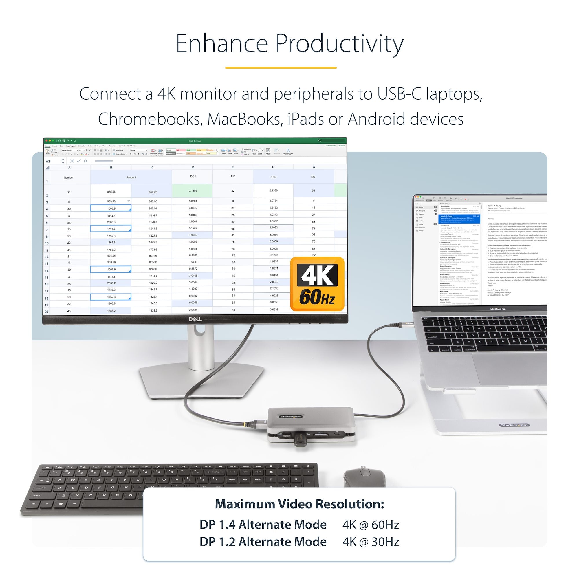USB C Multiport Adapter - USB C to 4K 60Hz HDMI 2.0 - 2-Port 10Gbps USB Hub - 100W Power Delivery Pass-through - GbE - SD/MicroSD - USB Type-C Mini Dock - 10" Cable - TAA 