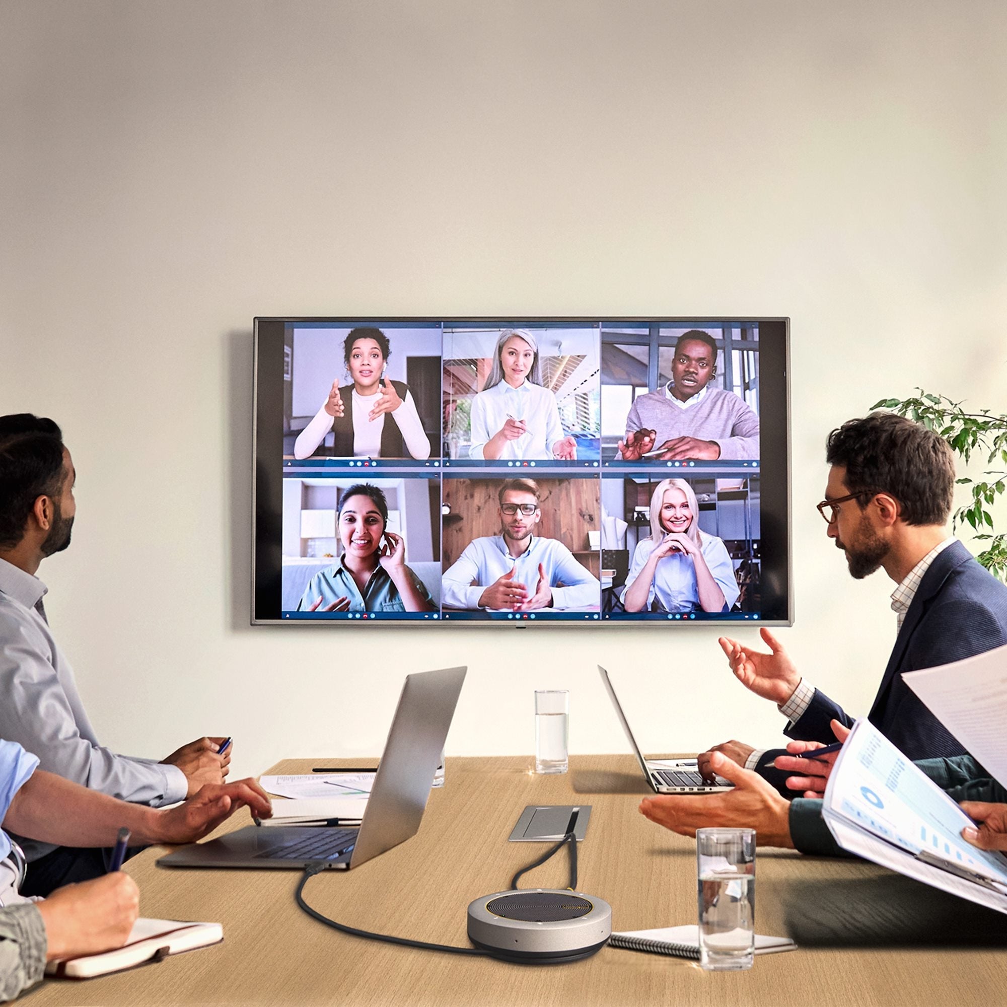 USB-C Speakerphone Docking Station, Mini Portable Conference Speaker and Audio Dock, USB-C to VGA/4K HDMI, 2x USB-A Hub, Mic/Speaker, Teams/Zoom/Softphone Speakerphone 