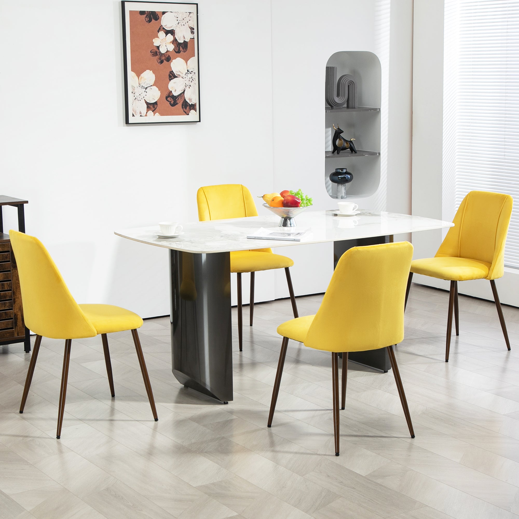 HOMCOM Upholstered Dining Chairs Set of 4, Velvet Accent Chair with Back and Wood-grain Steel Leg for Kitchen, Yellow 