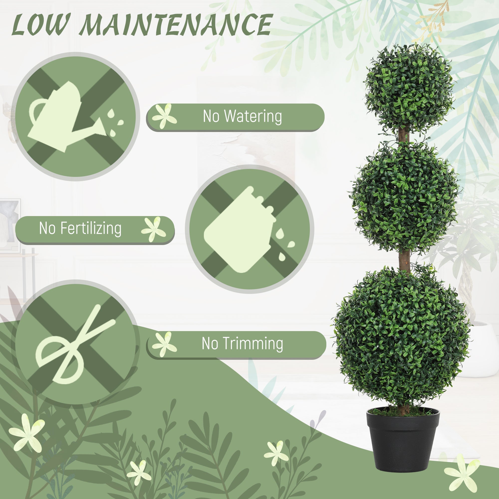 HOMCOM 2 Pack 39.4" Artificial Trees, Boxwood Topiary Ball Trees with Pot for Indoor, Outdoor, Home Office, Living Room, Green 