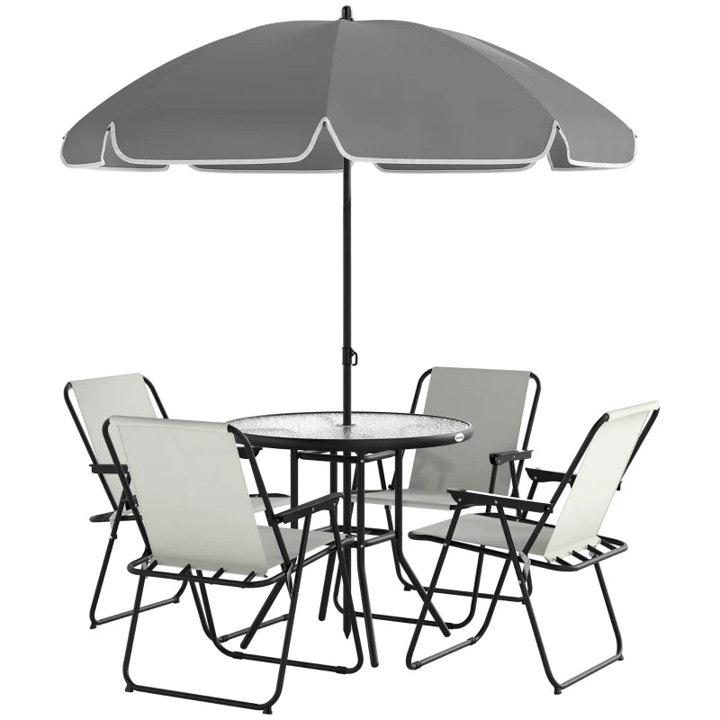6 Pieces Patio Dining Set with Umbrella, Patio Furniture Set with Folding Chairs, Glass Table for Garden Backyard, Cream White