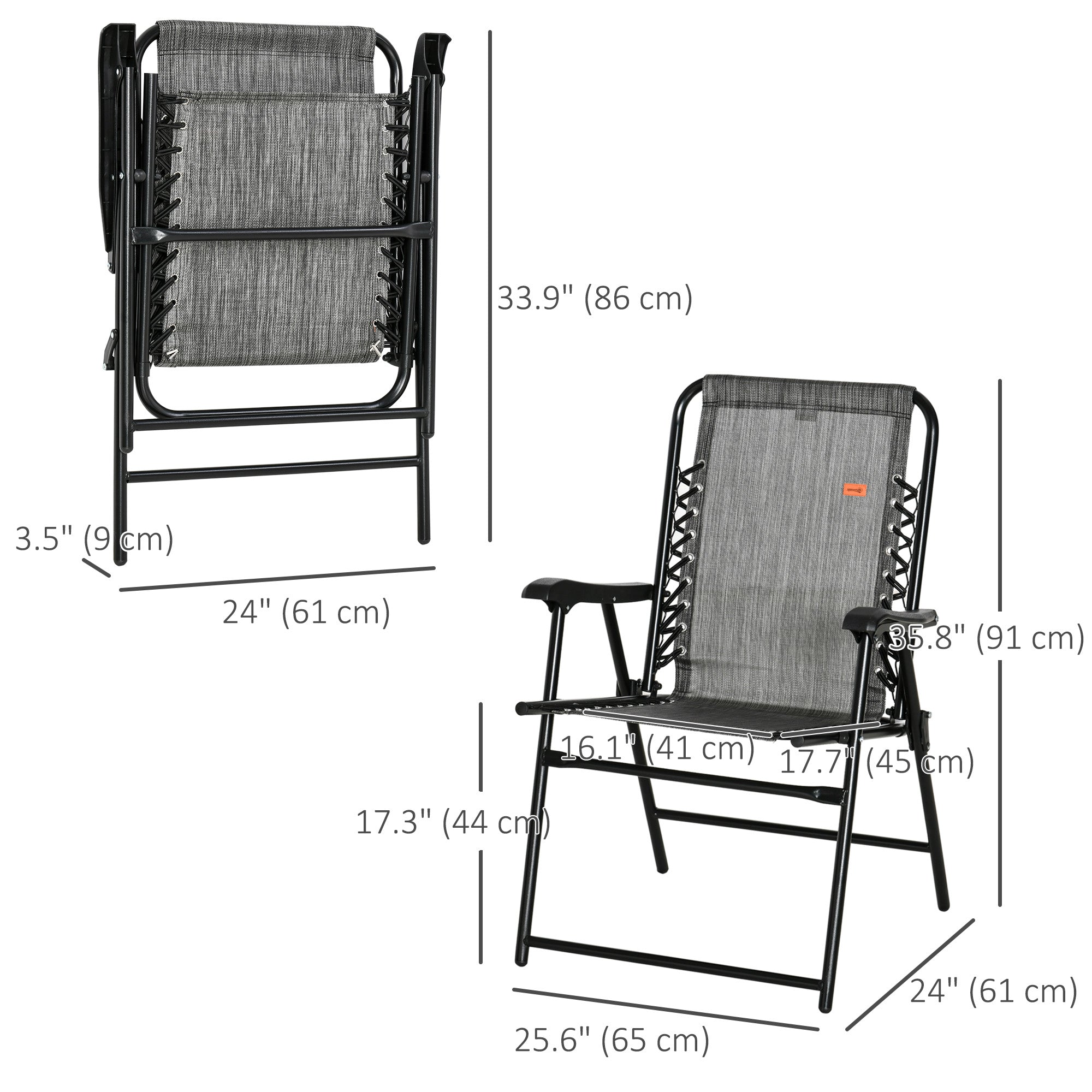 Outsunny Outdoor Folding Chair, Bungee Sling Foldable Chair with Armrests, Folding Lawn Chair for Camping, Garden, Pool, Beach, Backyard, Grey 