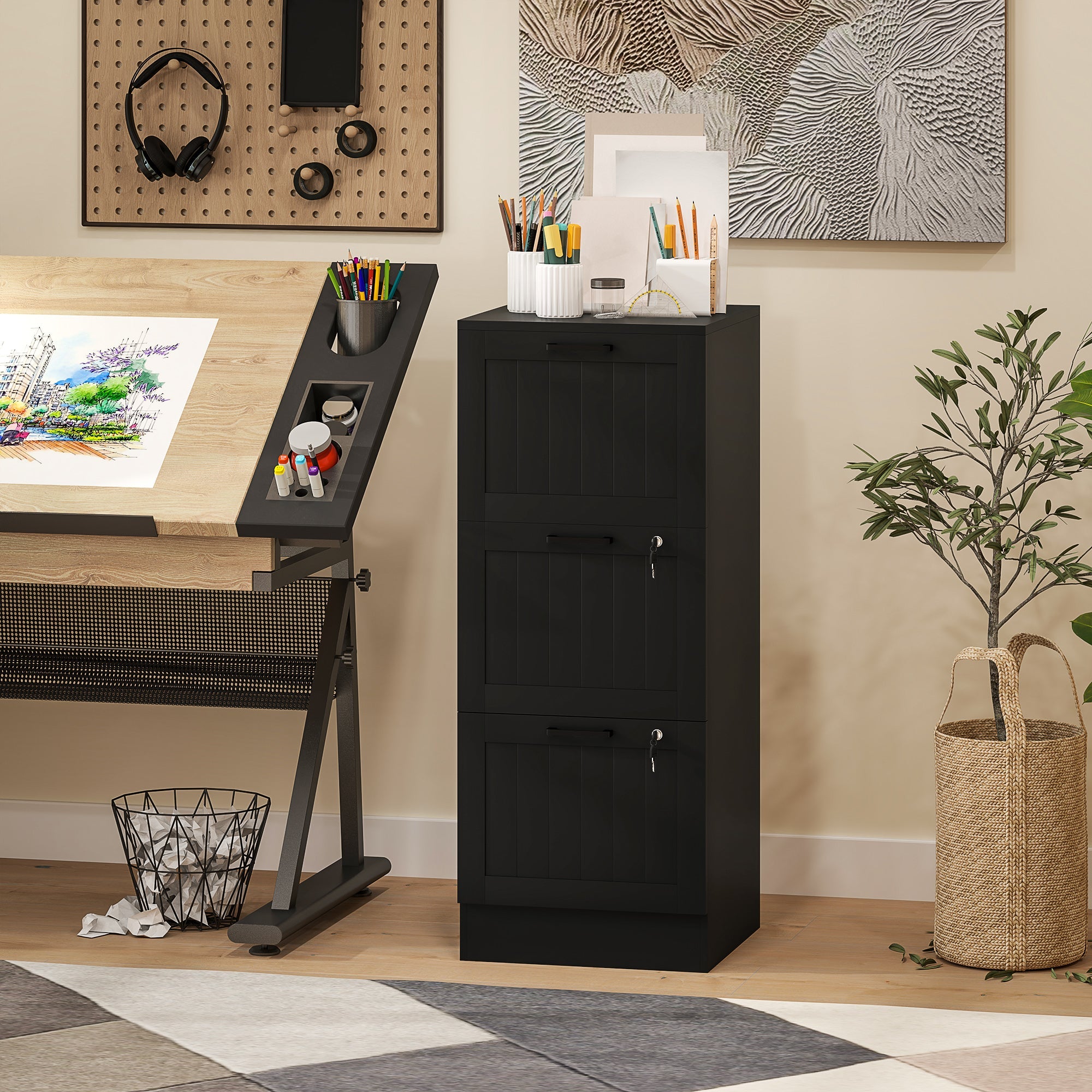 HOMCOM 3 Drawer Filing Cabinet with Lock, Office Storage Cabinet with Adjustable Hanging Bars for A4 Letter Size Files, Black 