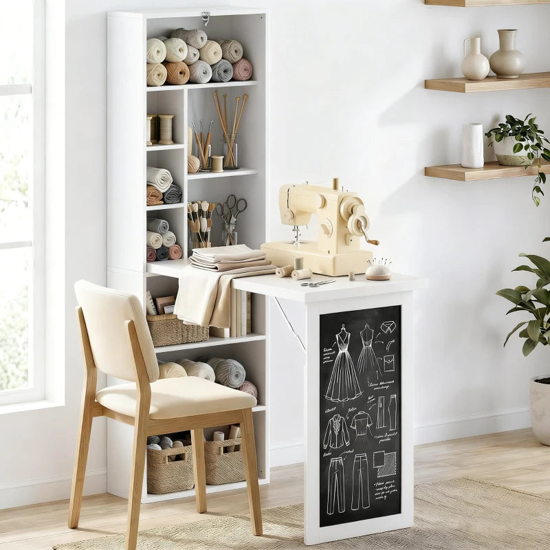 Wall Mounted Fold-Out Convertible Office Desk with Storage Shelves & Blackboard – White