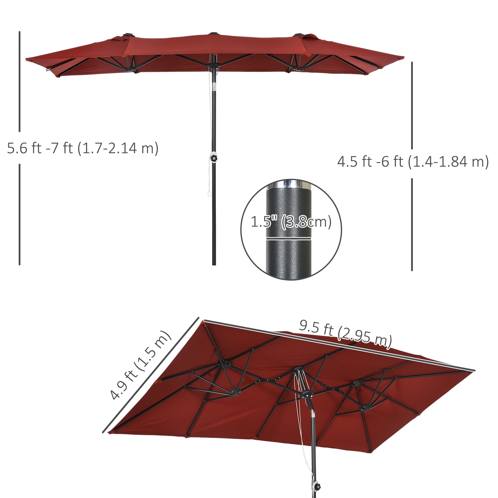 Outsunny Double Sided Patio Umbrella with Adjustable Height Tilt Function Vents 12 Ribs for Outdoor Garden Deck Pool Wine Red 