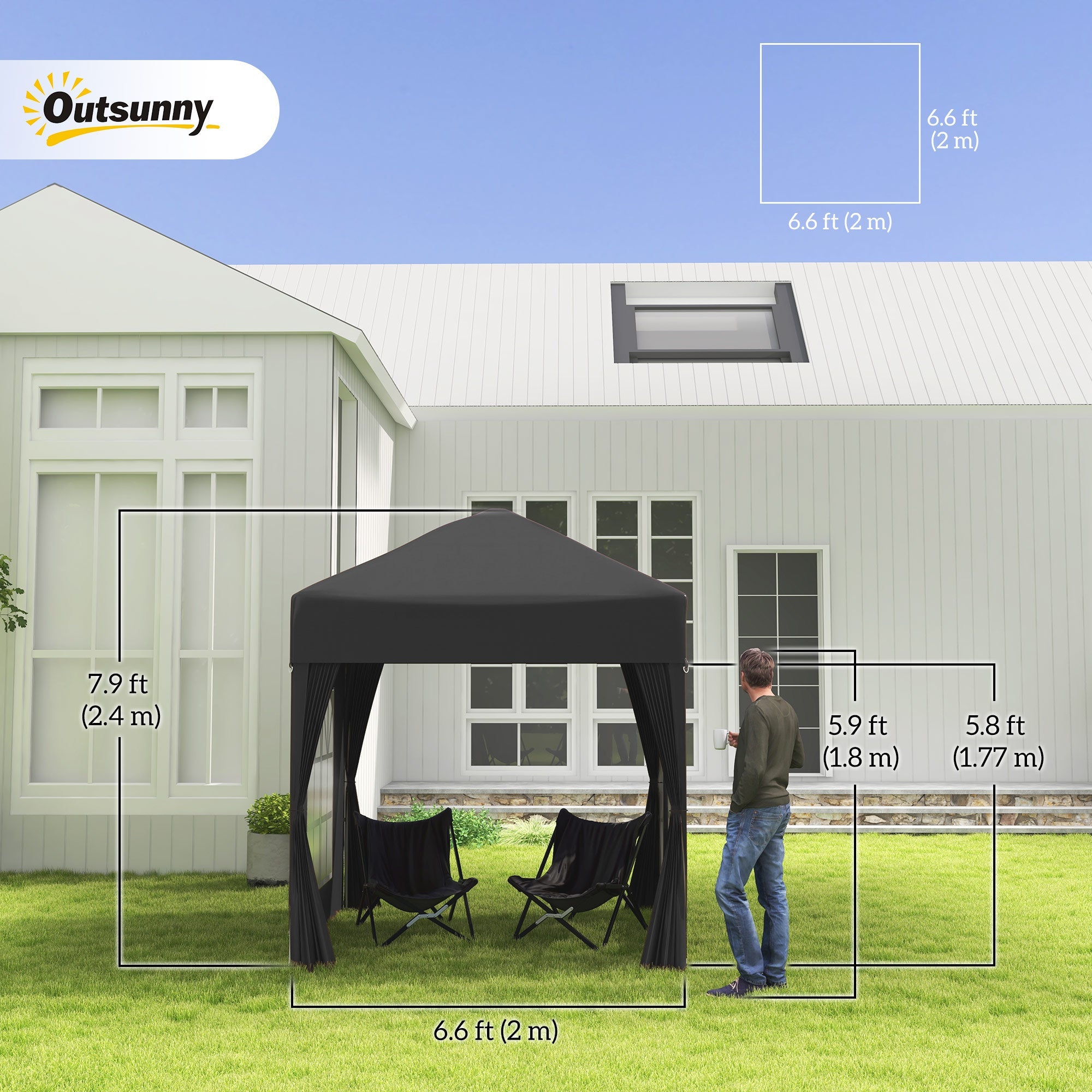 Outsunny 6.6x6.6ft Easy Pop Up Party Tent with Side Walls - Outdoor Folding Gazebo, Black 