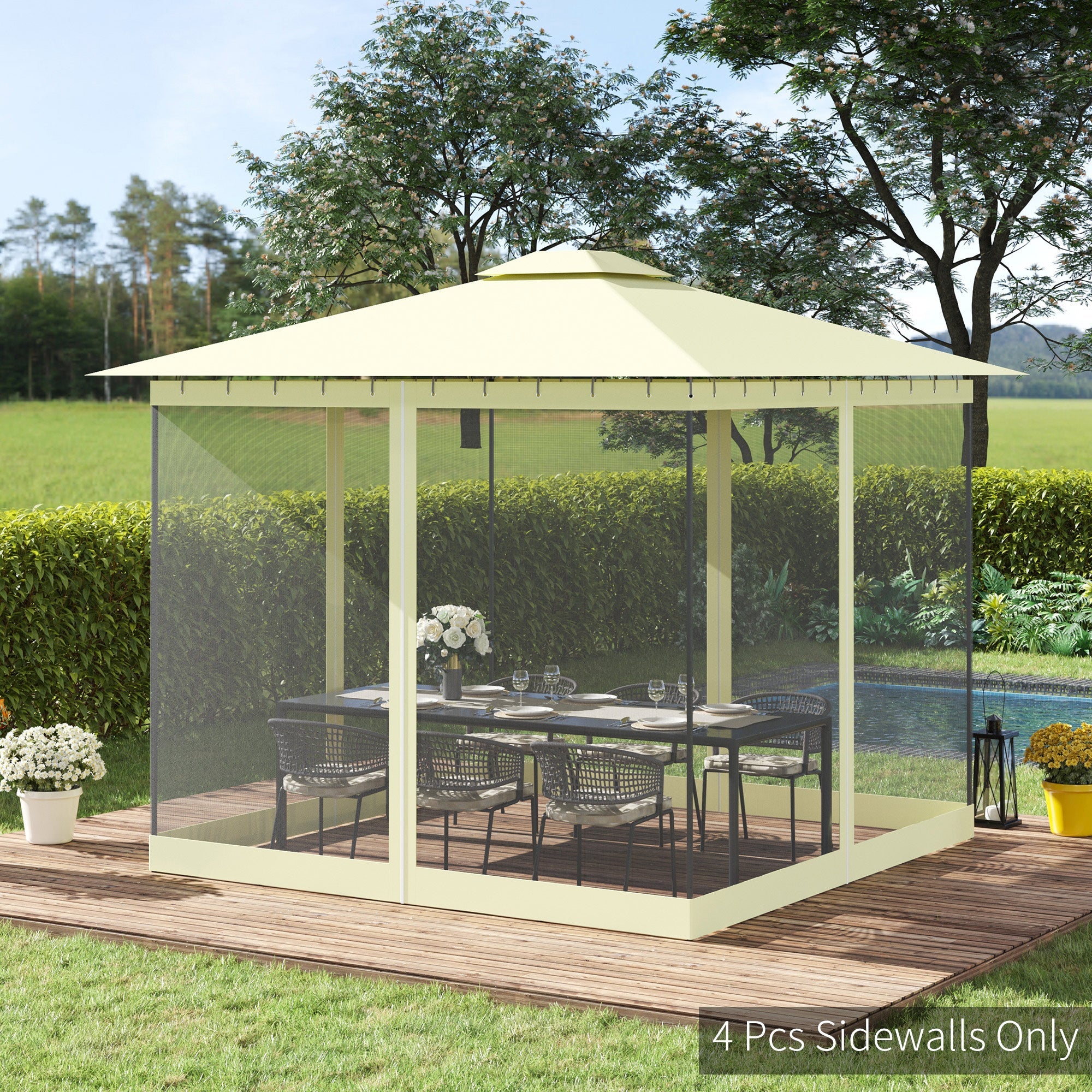 Outsunny 10x10 Gazebo Curtain Replacement Universal Mesh Sidewall Netting with Zippers & C-Rings in Beige 