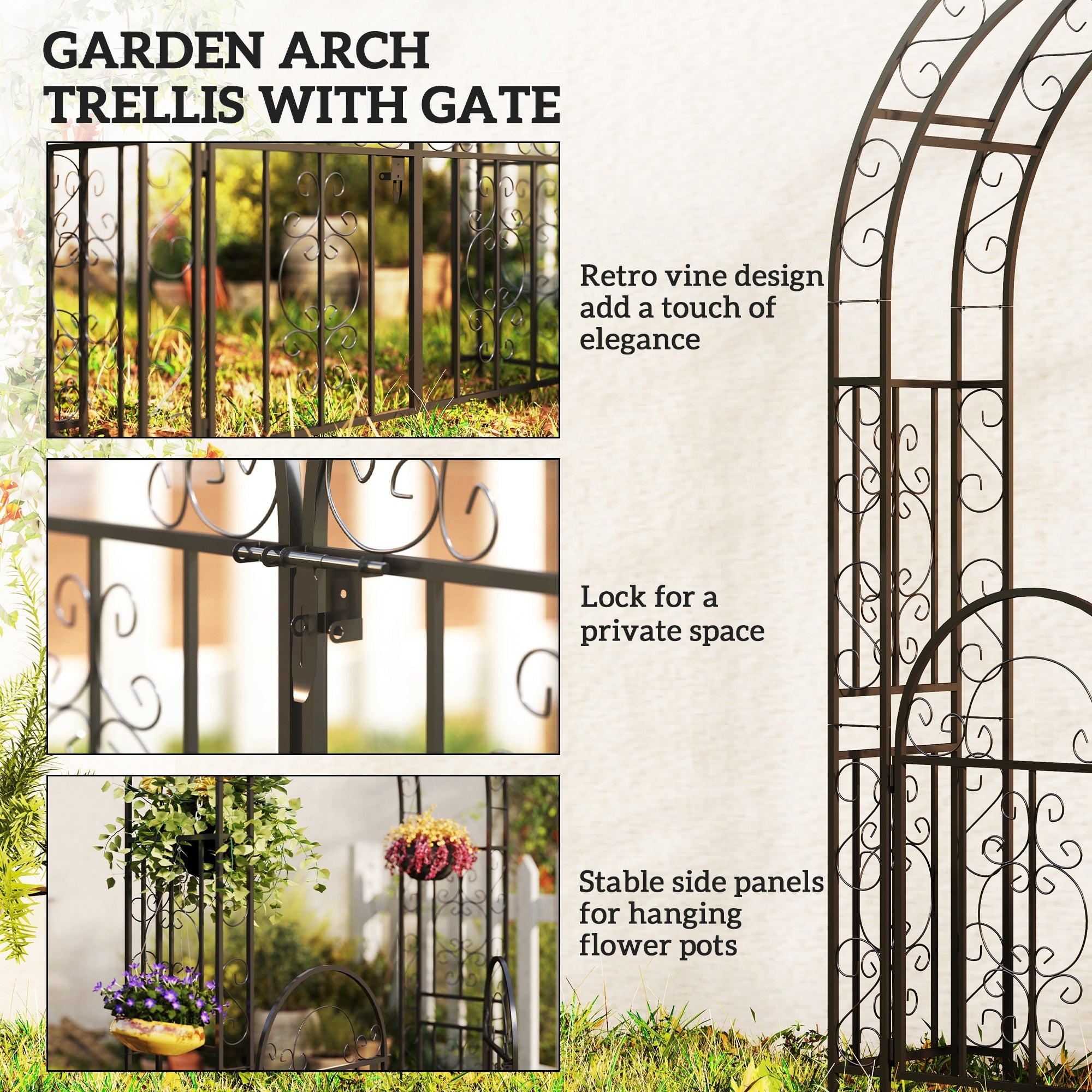 Outsunny 7.4ft Steel Garden Arch with Gate, Garden Arbor Trellis for Climbing Plants, Roses, Vines, Wedding Arch for Outdoor, Garden, Lawn, Backyard, Black 