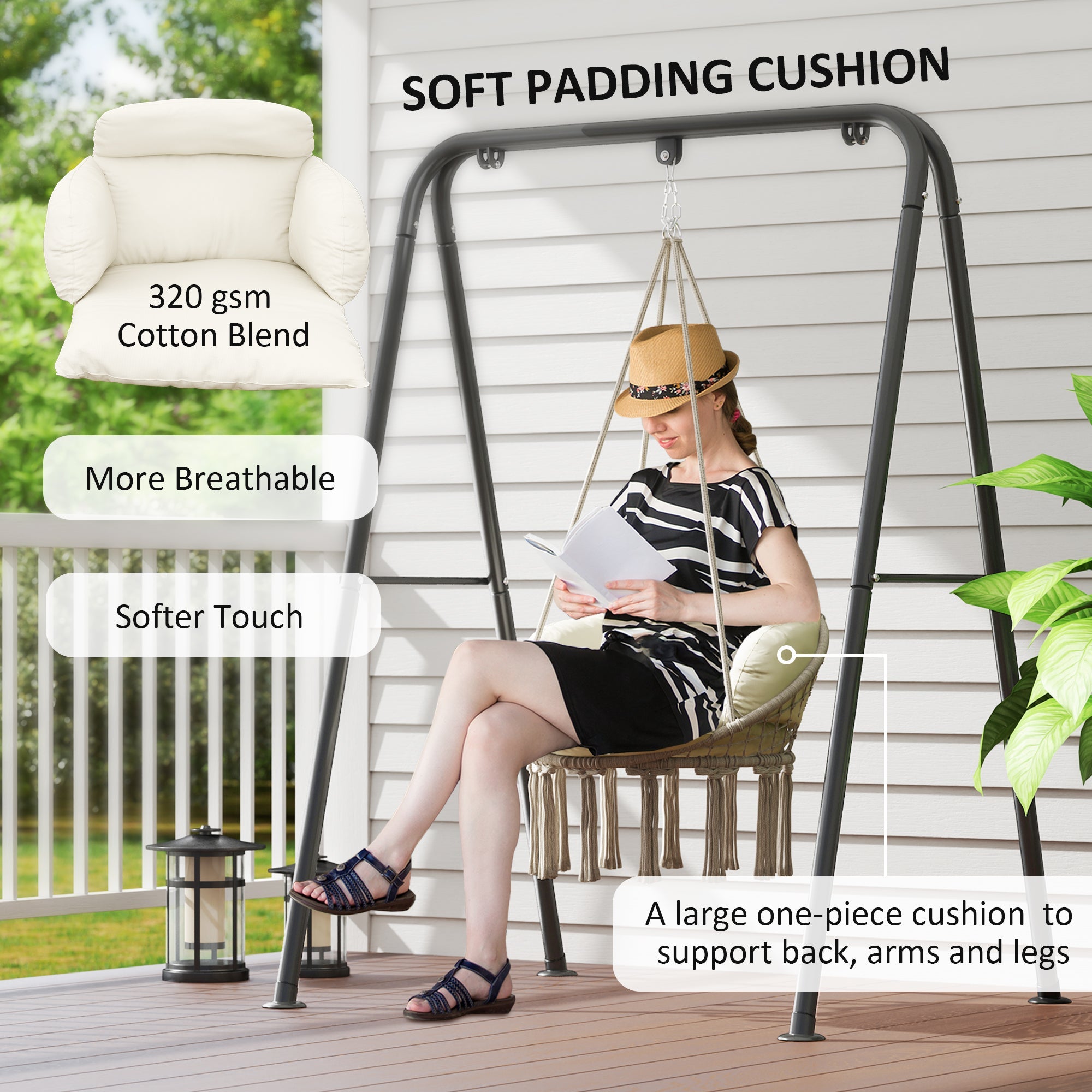 Outsunny Boho Hammock Chair Swing Hanging Chair with Cushion, Chain, Steel Frame for Indoor Outdoor Bedroom Patio Balcony, Cream 