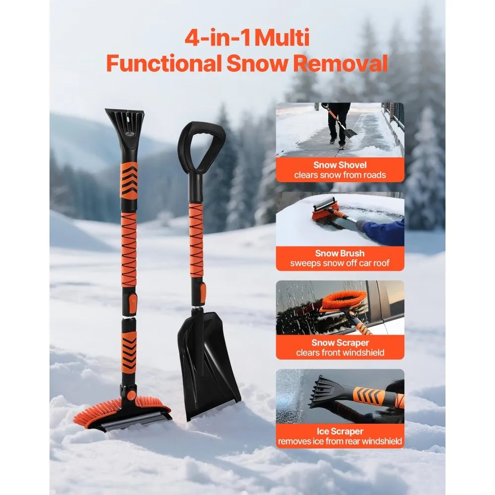 42-Inch Extendable Snow Brush and Ice Scraper with 180° Pivoting Brush Head
