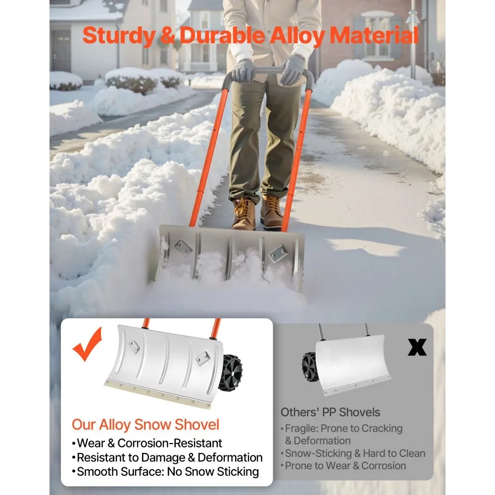 24-Inch Snow Pusher Shovel with Wheels, Adjustable Handle and Angled Metal Blade