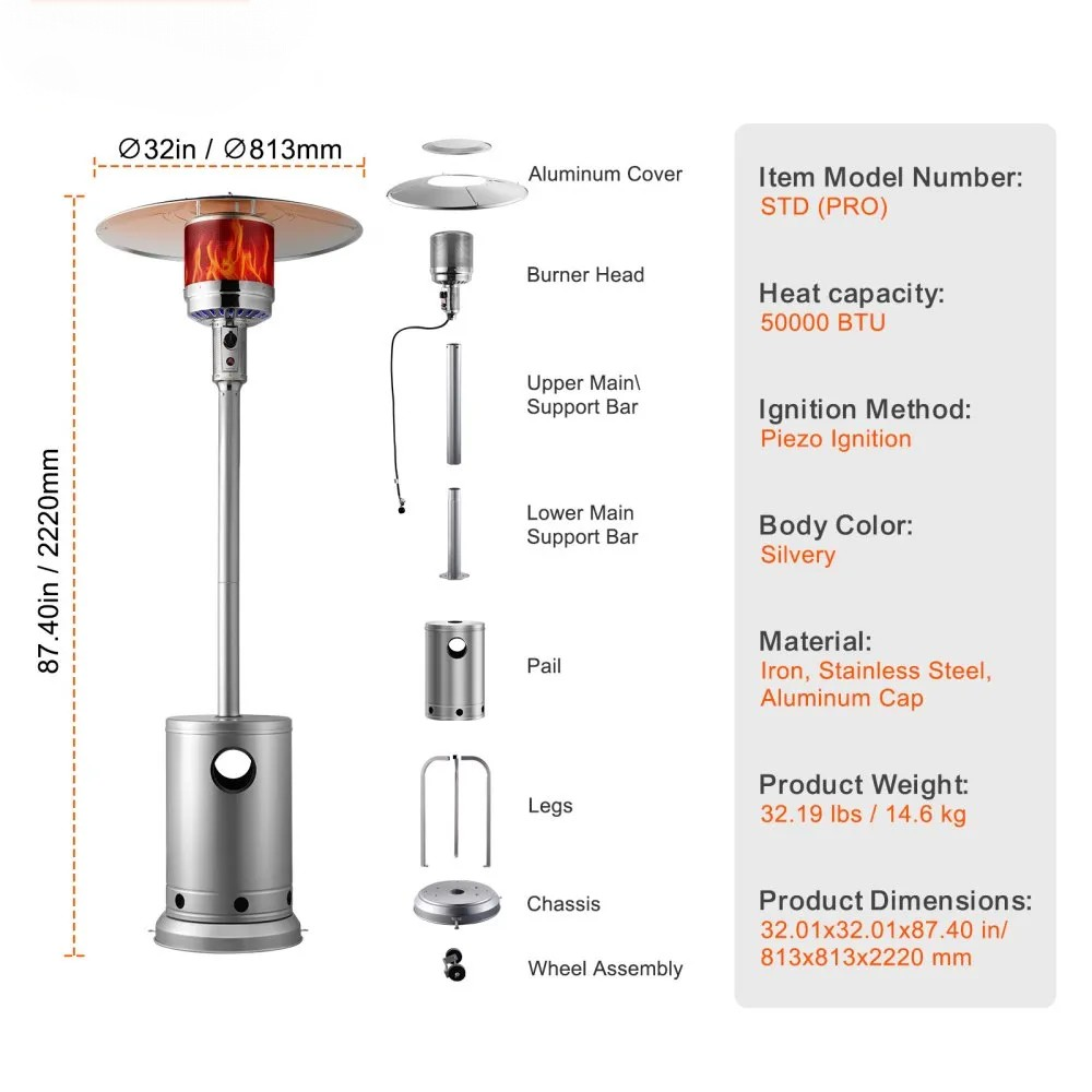 50,000 BTU Outdoor Propane Heater with Hammered Silver Finish and Round Table