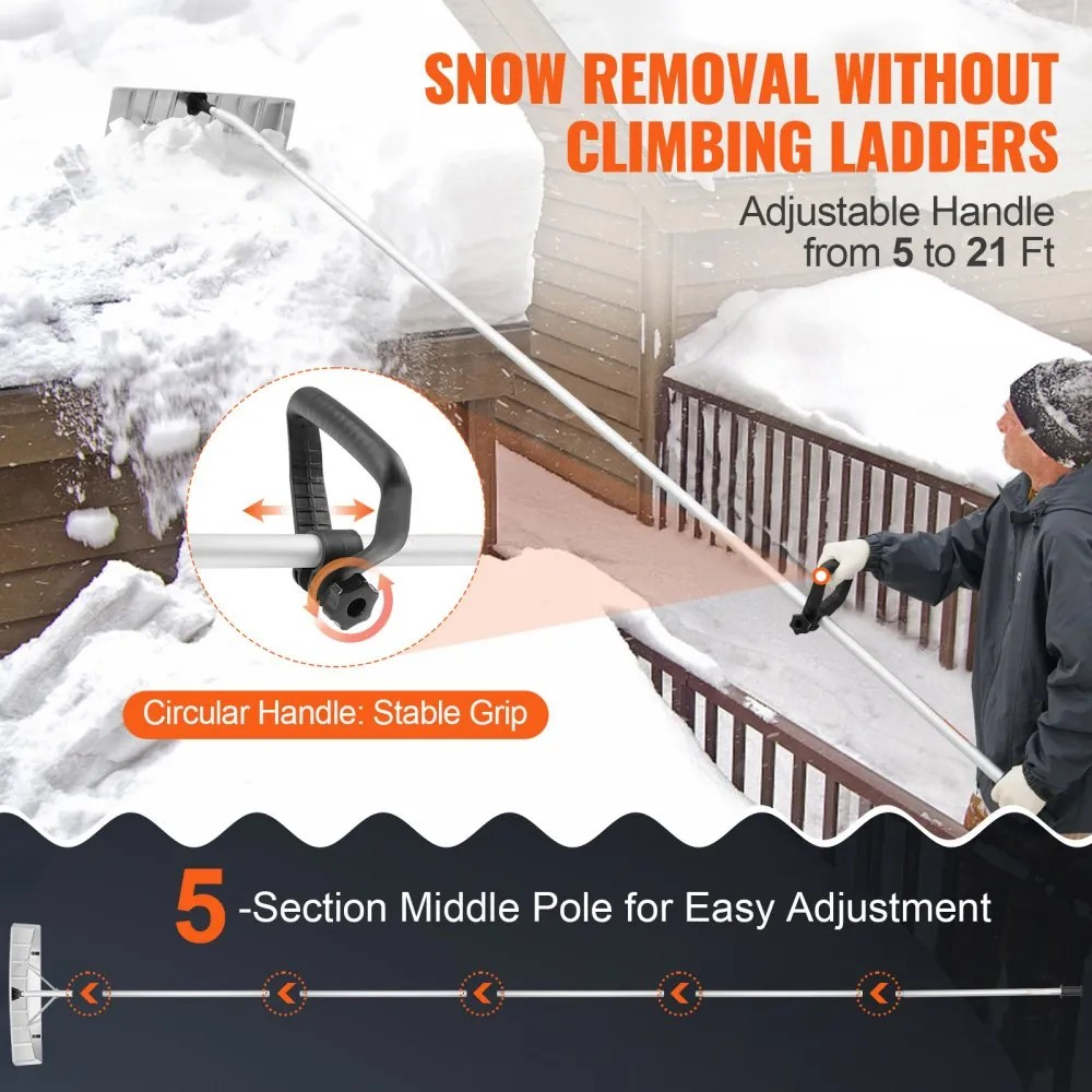 25-Inch Roof Snow Rake with 21 ft Reach, Aluminum Handle and Rolling Wheels