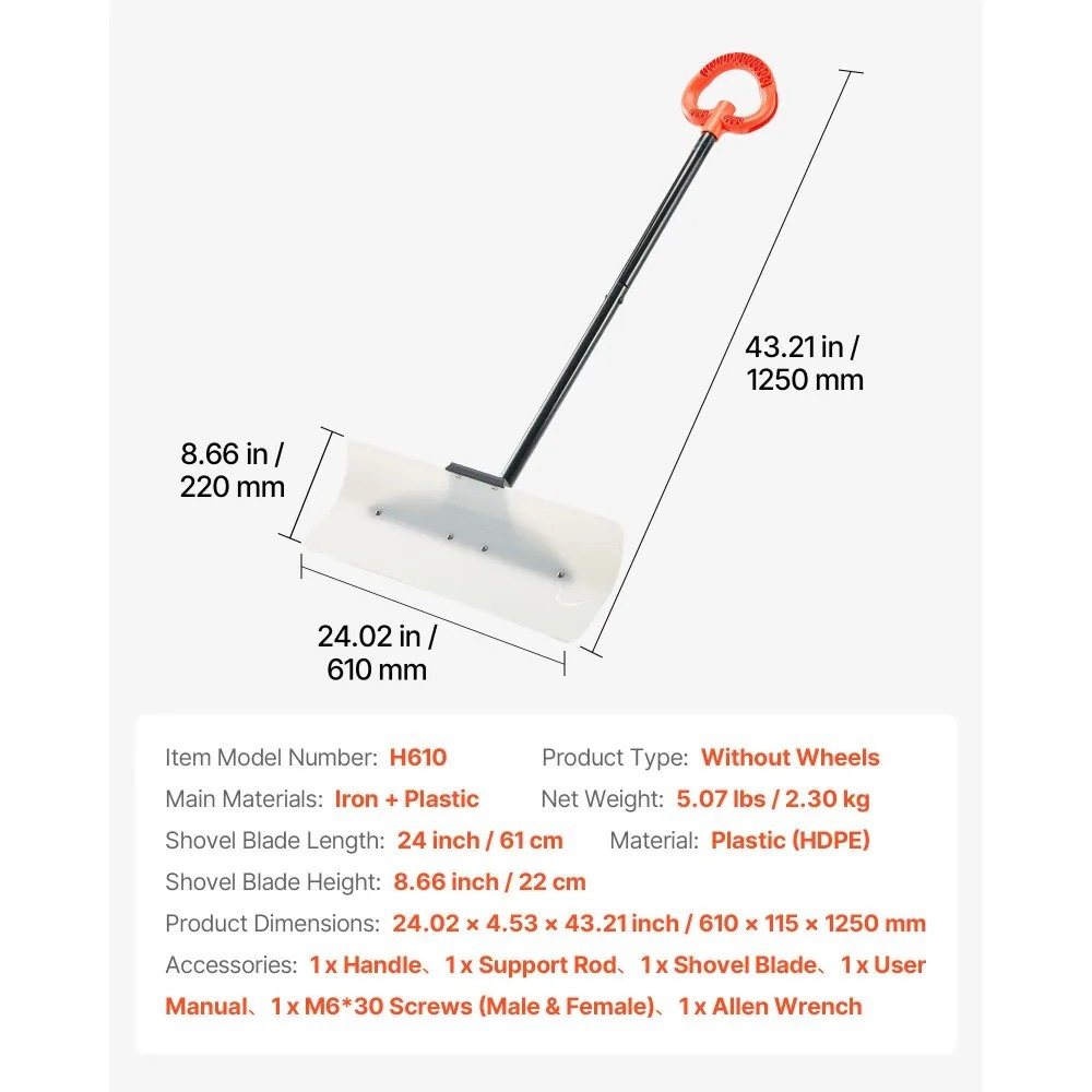 24-Inch Snow Pusher Shovel with Ergonomic Grip and HDPE Plastic Blade