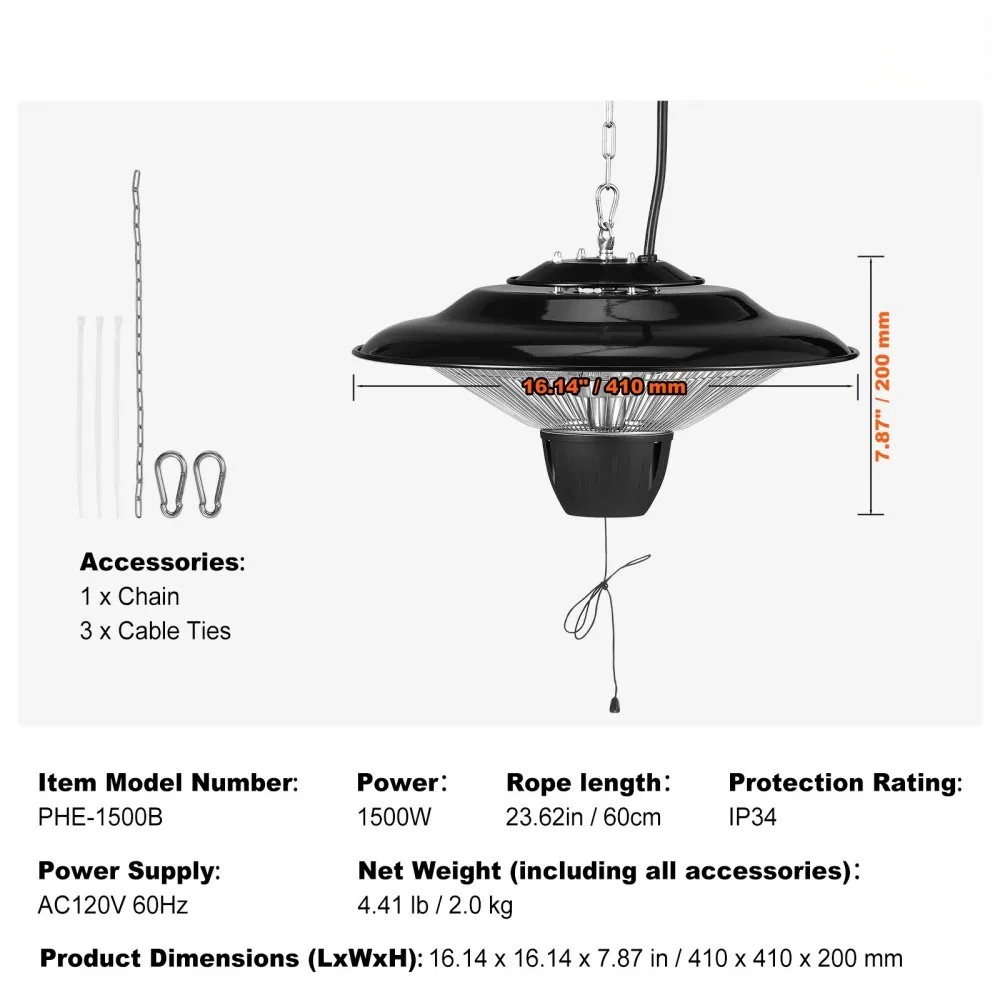 1500W Infrared Ceiling Heater with IP34 Protection for Indoor and Outdoor Use