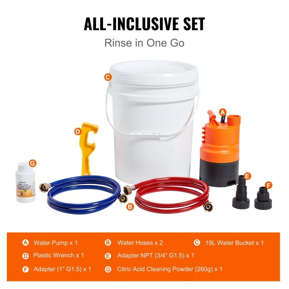 Tankless Water Heater Flushing Kit with Pump, 5-Gallon Pail, 2 Hoses and Descaling Powder