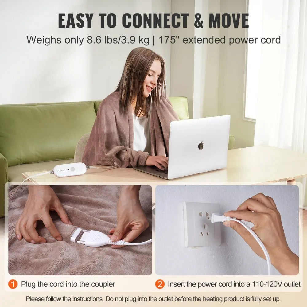King Size Electric Heated Blanket 100" x 90" with Dual Controls and 5 Heat Levels