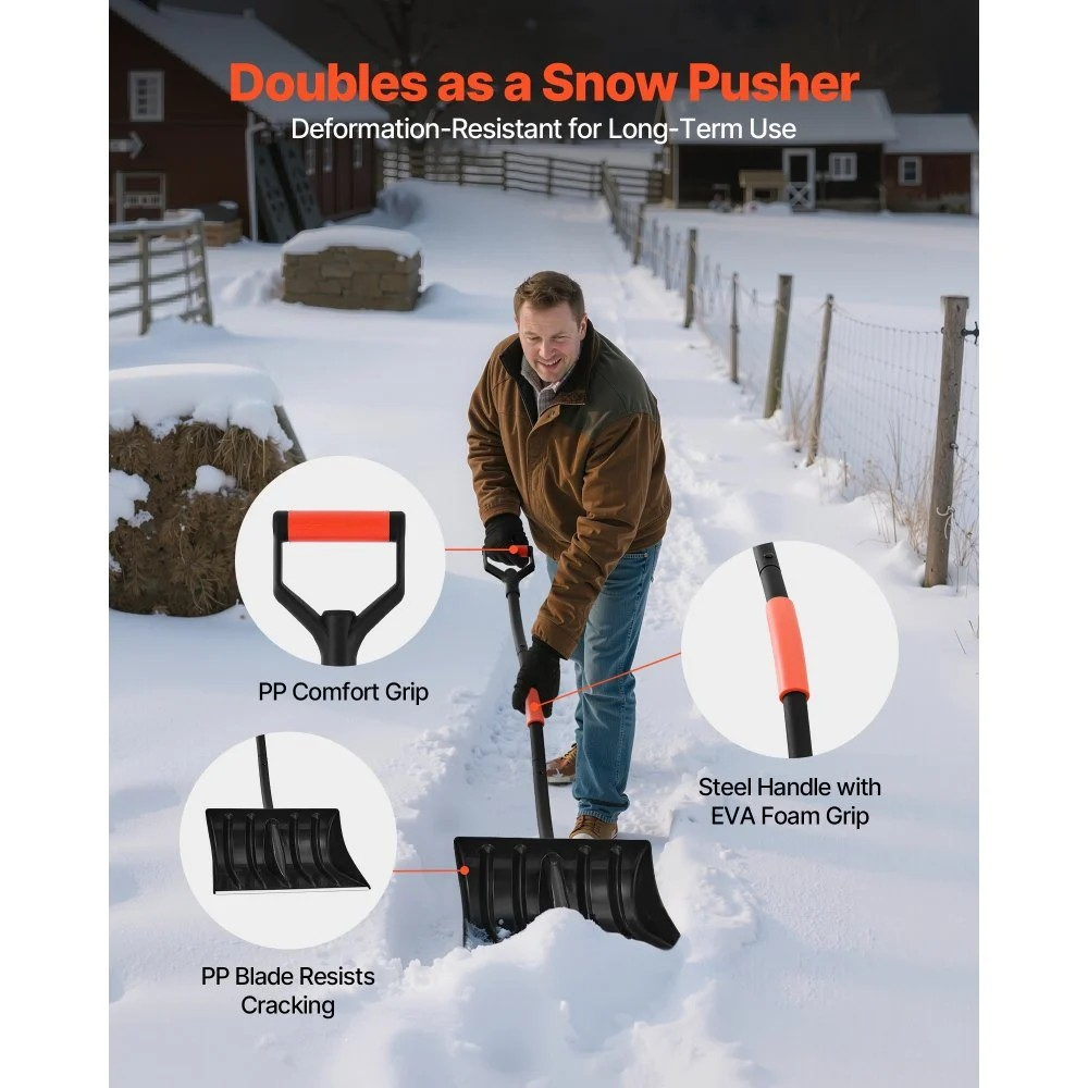 17-Inch Plastic Snow Shovel with Aluminum Blade and D-Shaped Handles