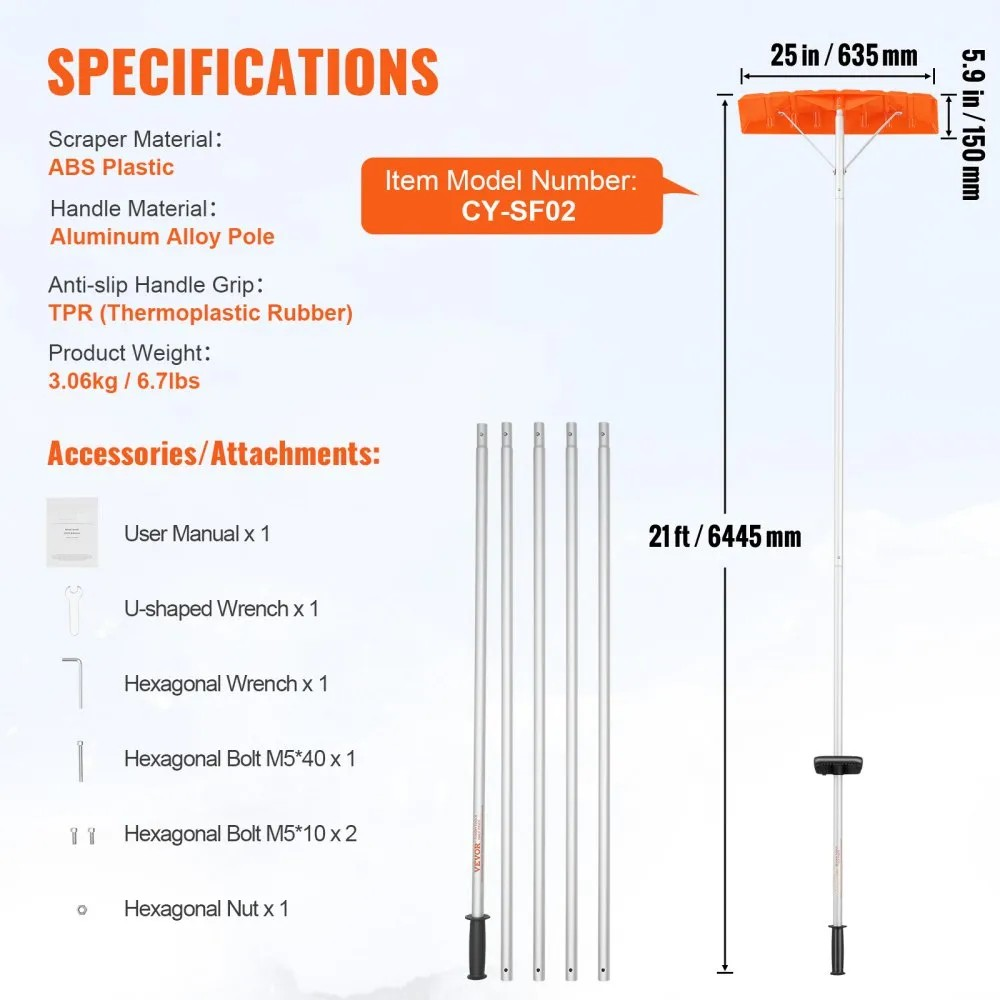 25-Inch Roof Snow Rake with 21 ft Aluminum Handle and Anti-Slip Grip
