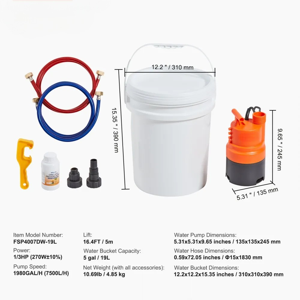Tankless Water Heater Flushing Kit with Pump, 5-Gallon Pail, 2 Hoses and Descaling Powder