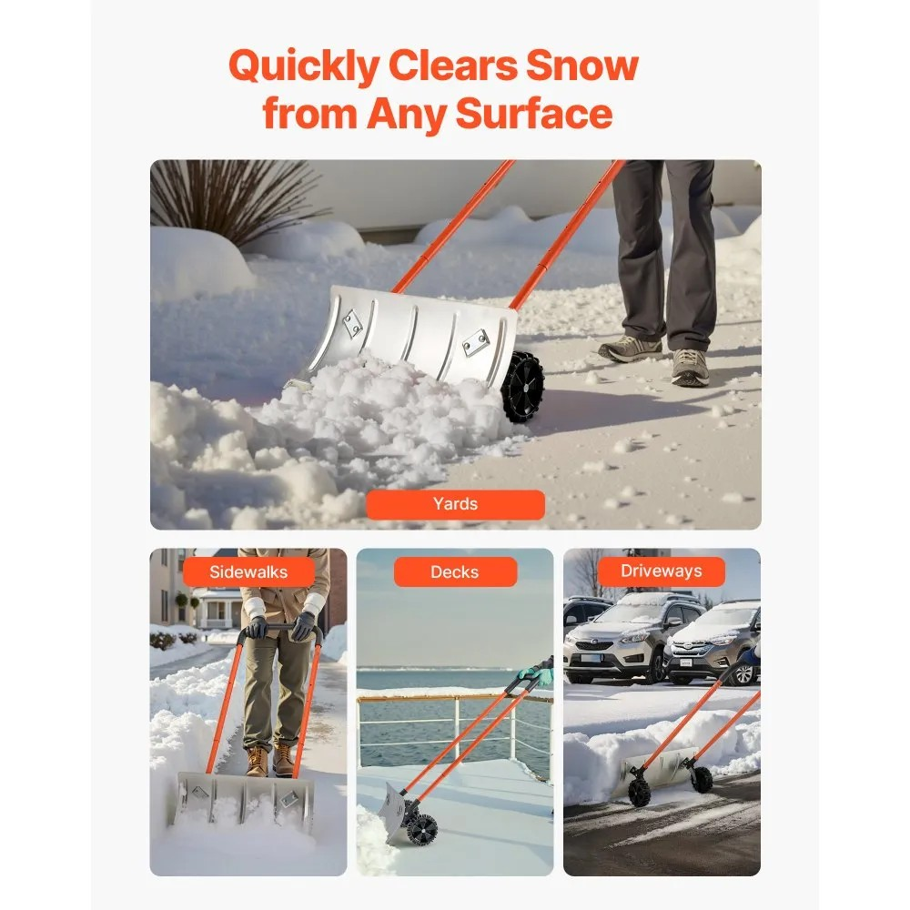 24-Inch Snow Pusher Shovel with Wheels, Adjustable Handle and Angled Metal Blade