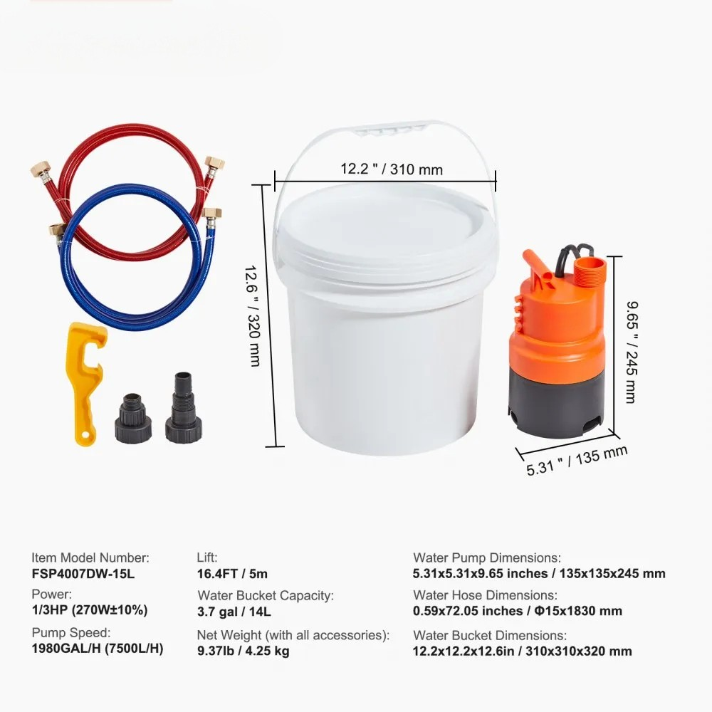 Tankless Water Heater Flushing Kit with Pump, 3.7-Gallon Pail, Hoses, Wrench and Adapter