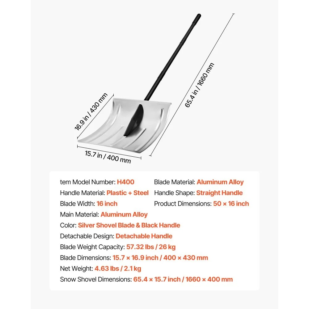16-Inch Aluminum Snow Shovel with Non-Slip Grip for Driveways