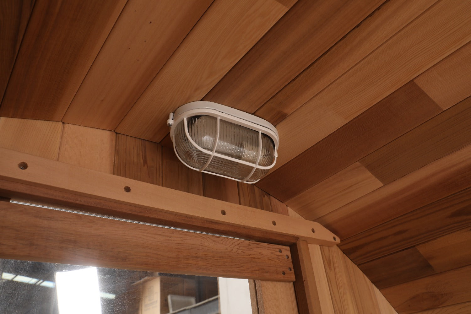 Blisspod, Prague, Canadian Red Cedar Outdoor Steam Barell Sauna, 2-4 / 4-6 persons with Full Glass Back & 2 front Porch seats 