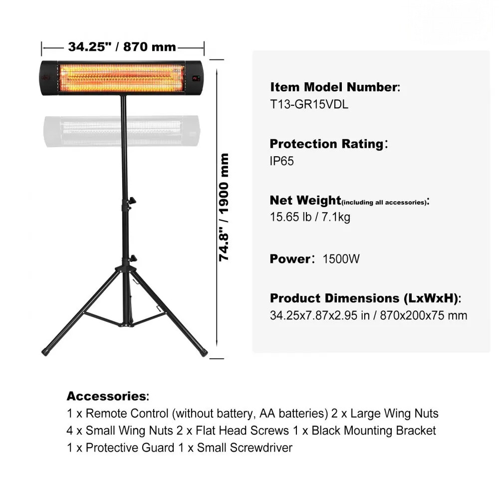 1500W Infrared Space Heater, 34-Inch Electric Heater with Remote Control