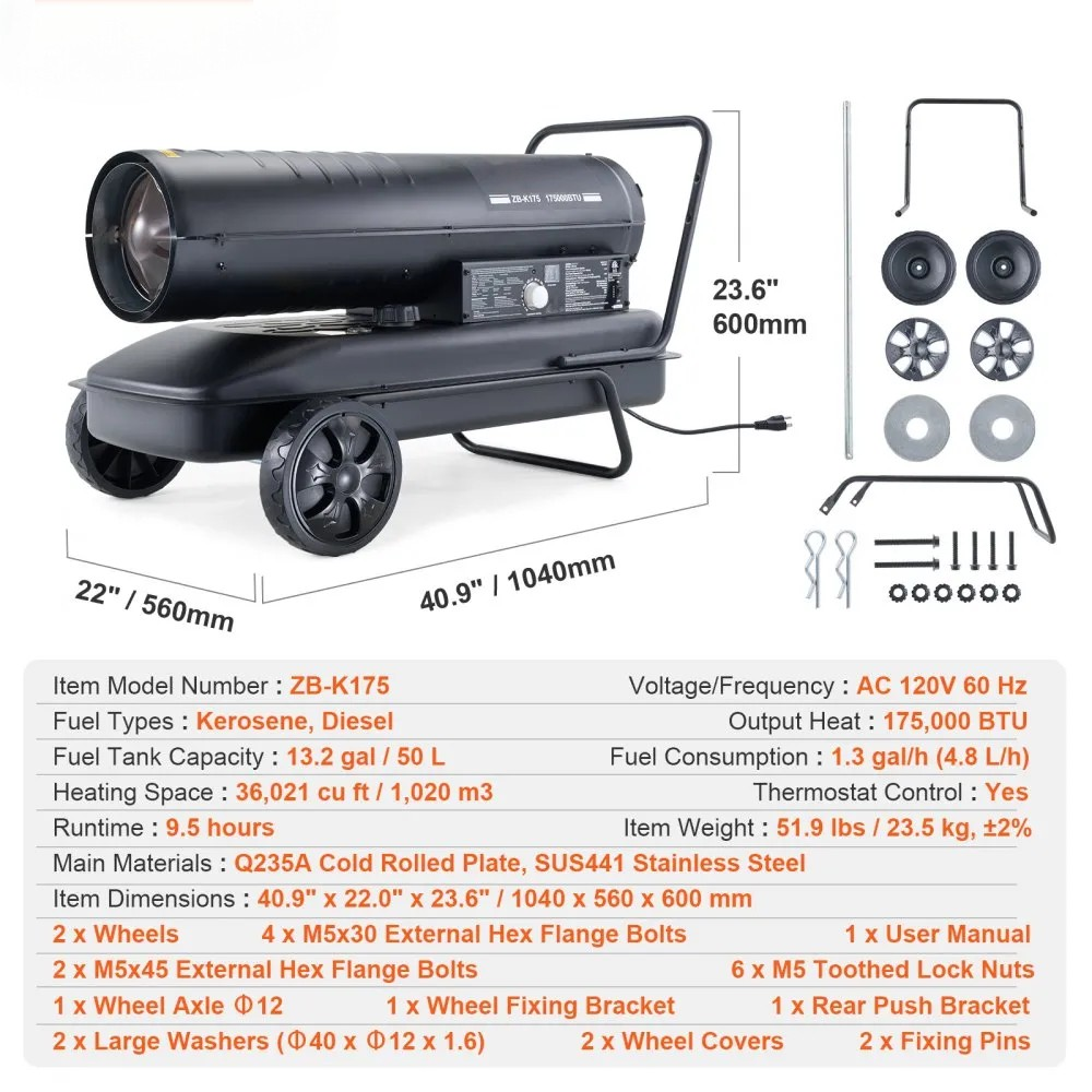 175,000 BTU Kerosene Forced Air Heater with Thermostat and 13.2-Gallon Tank
