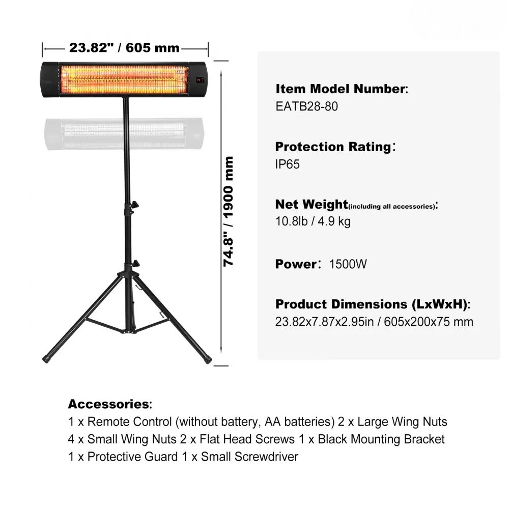 1500W Infrared Space Heater, 24-Inch Electric Heater with Remote Control