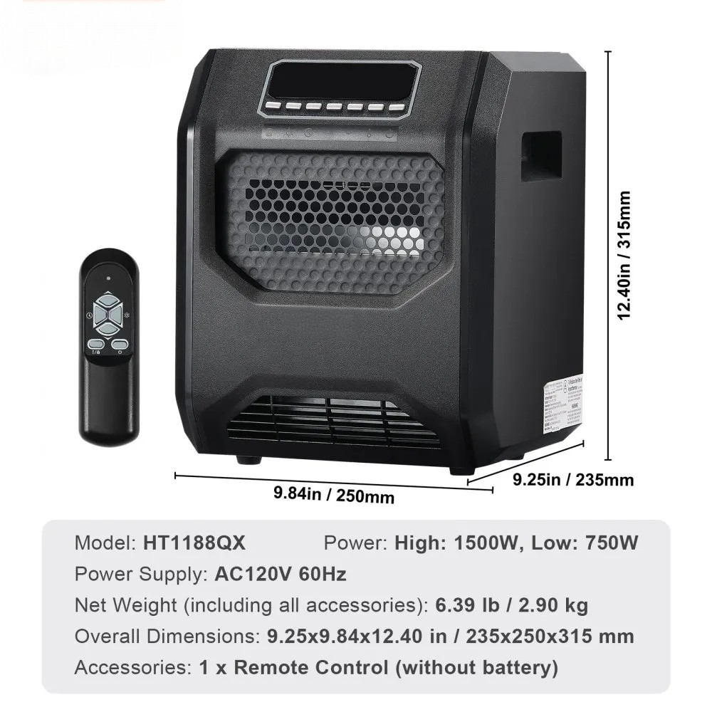 1500W Infrared Space Heater, ABS Body, Remote Control and 3 Speeds