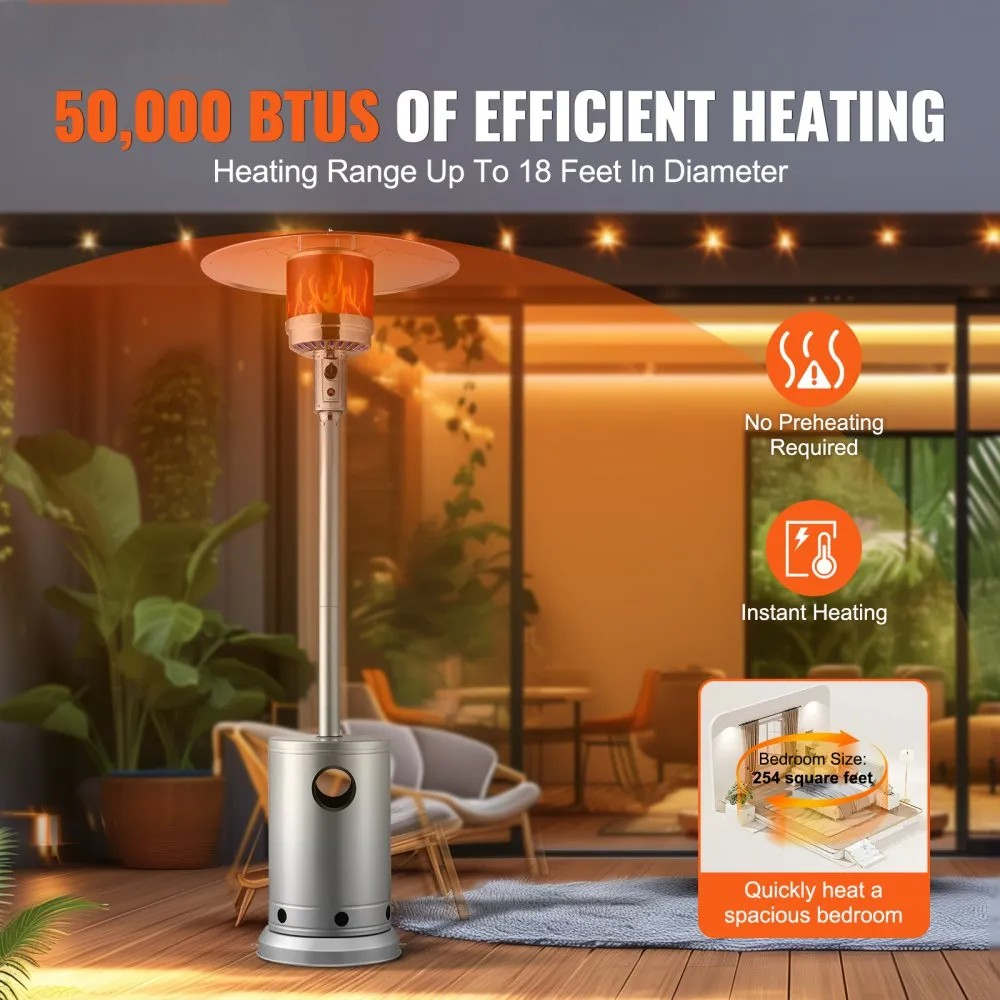 50,000 BTU Outdoor Propane Heater with Hammered Silver Finish and Round Table