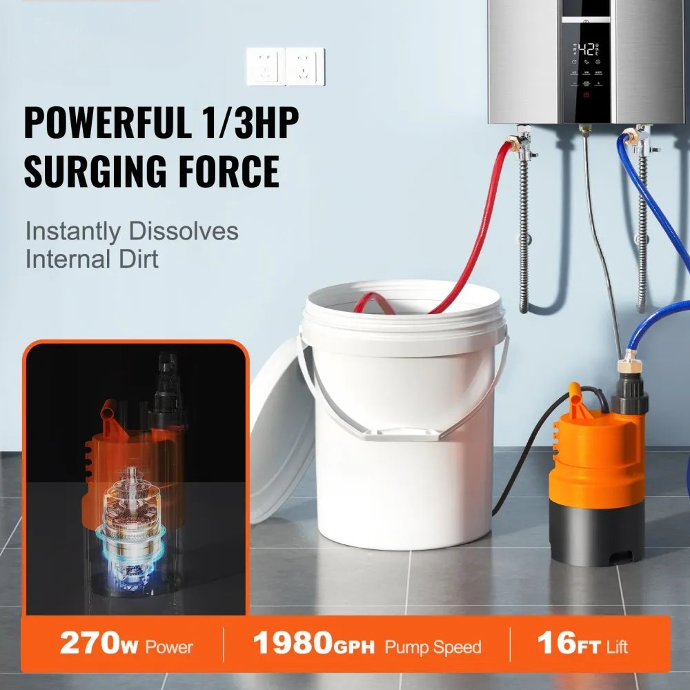 Tankless Water Heater Flushing Kit with Pump, 5-Gallon Pail, 2 Hoses and Descaling Powder