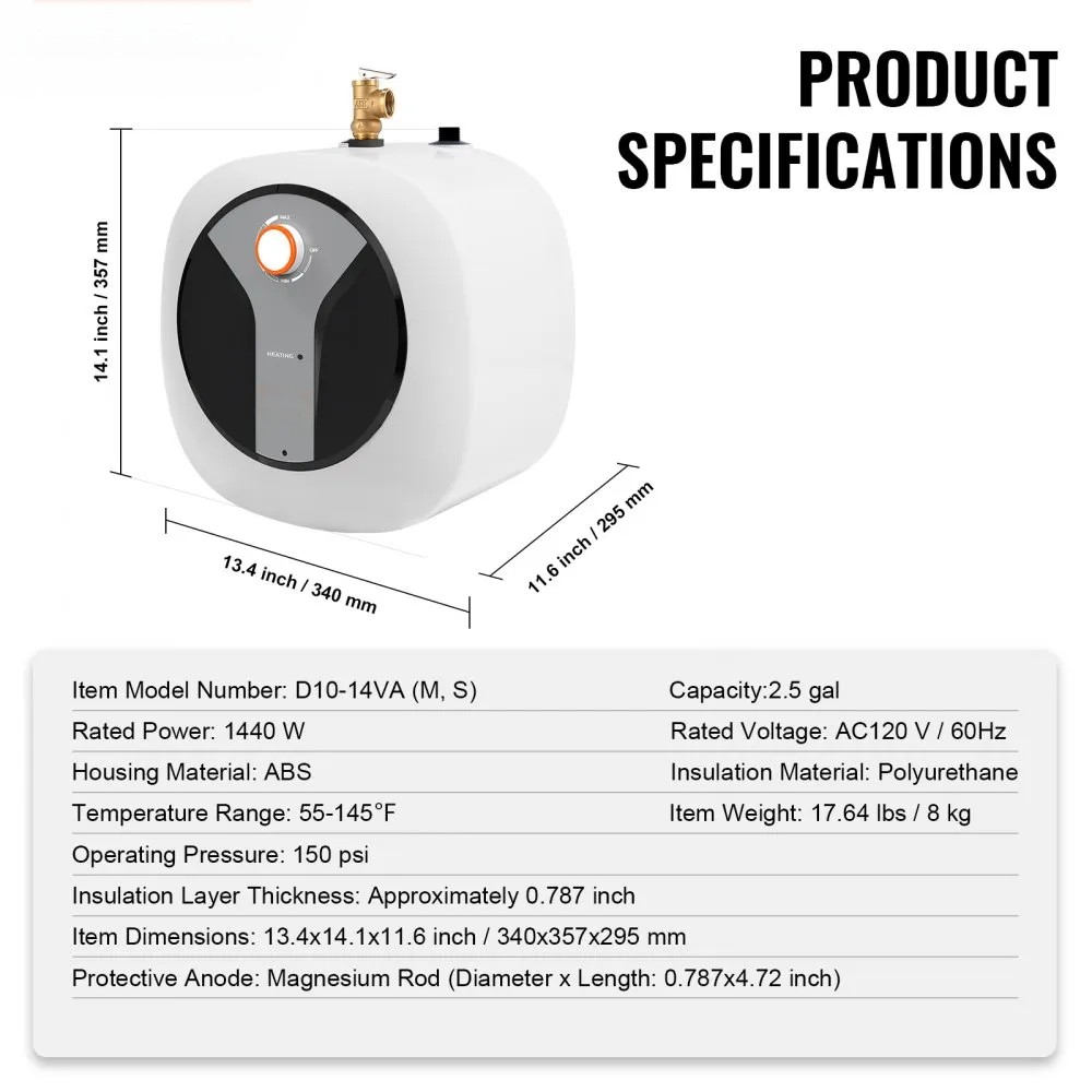 2.5-Gallon Electric Mini-Tank Water Heater, 1440W Storage Boiler