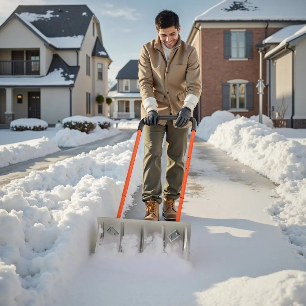 24-Inch Snow Pusher Shovel with Wheels, Adjustable Handle and Angled Metal Blade