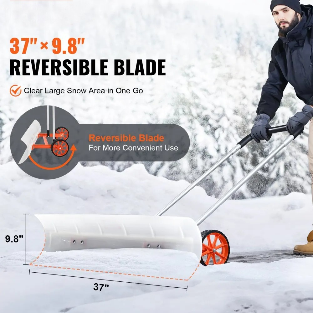 37-Inch Snow Shovel with Wheels, Wide ABS Blade and U-Shaped Aluminum Handle
