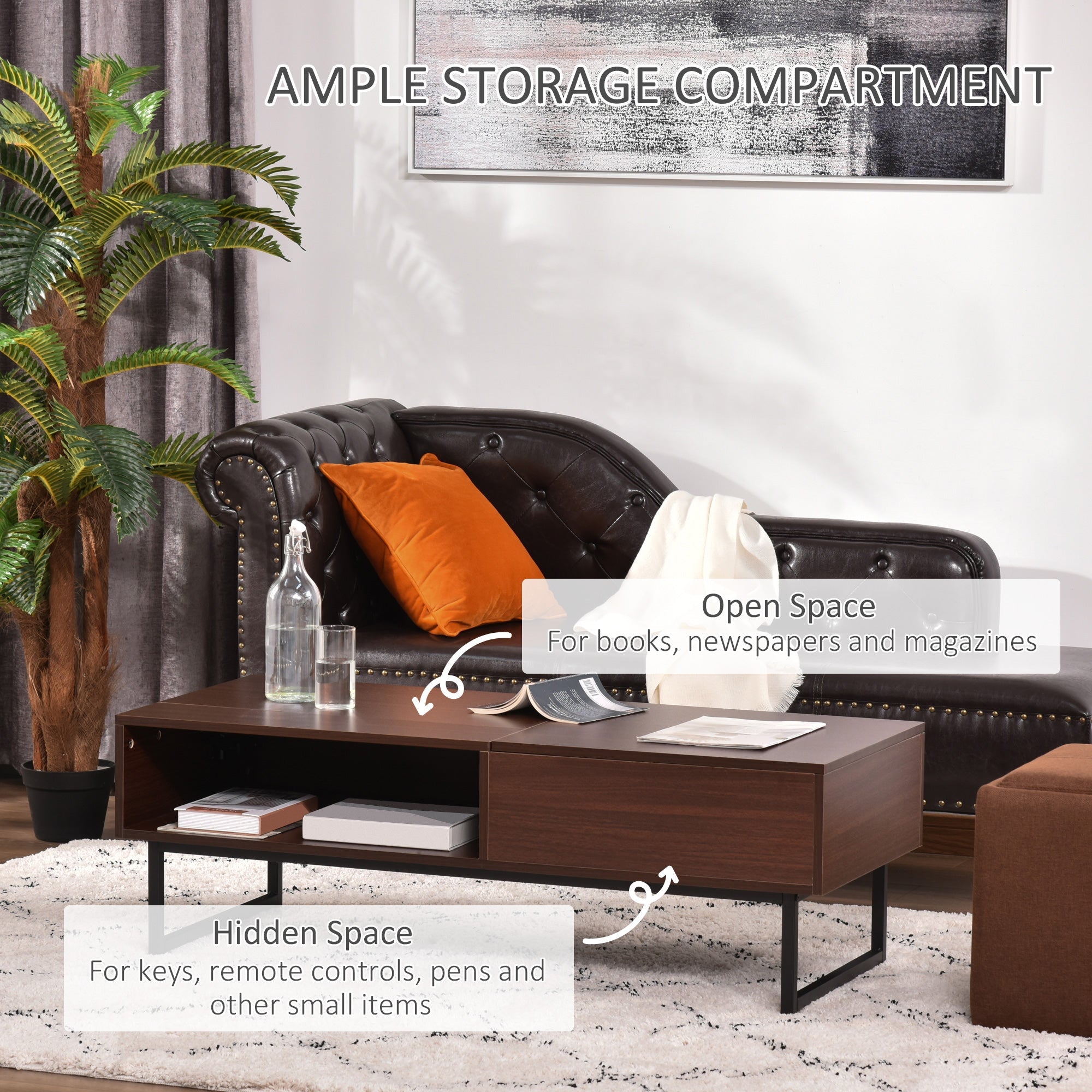 HOMCOM Modern Lift Top Coffee Table with Hidden Storage Compartment Metal Frame Center Table for Living Room Brown 