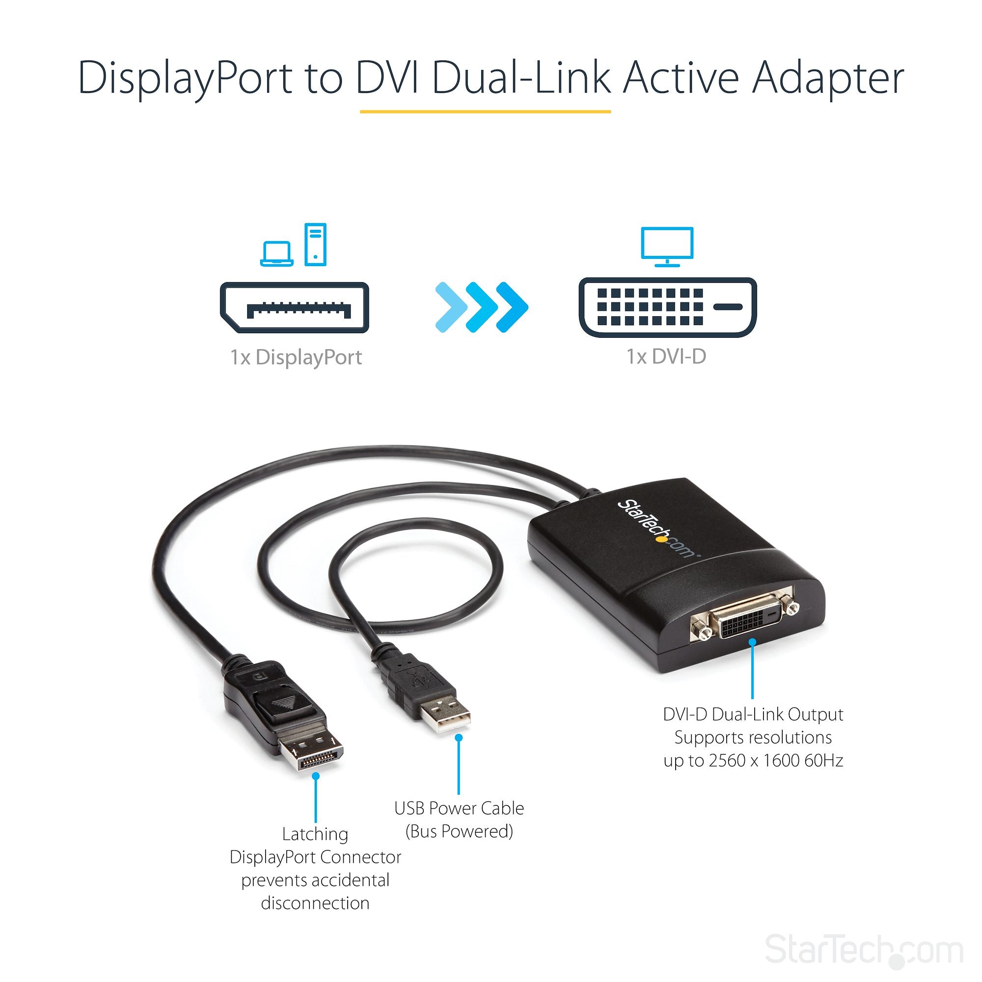 DisplayPort to DVI Dual Link Active Adapter - DisplayPort to DVI-D Adapter Video Converter 2560x1600 60Hz - DP 1.2 to DVI Monitor - USB Powered - Latching DP Connector 