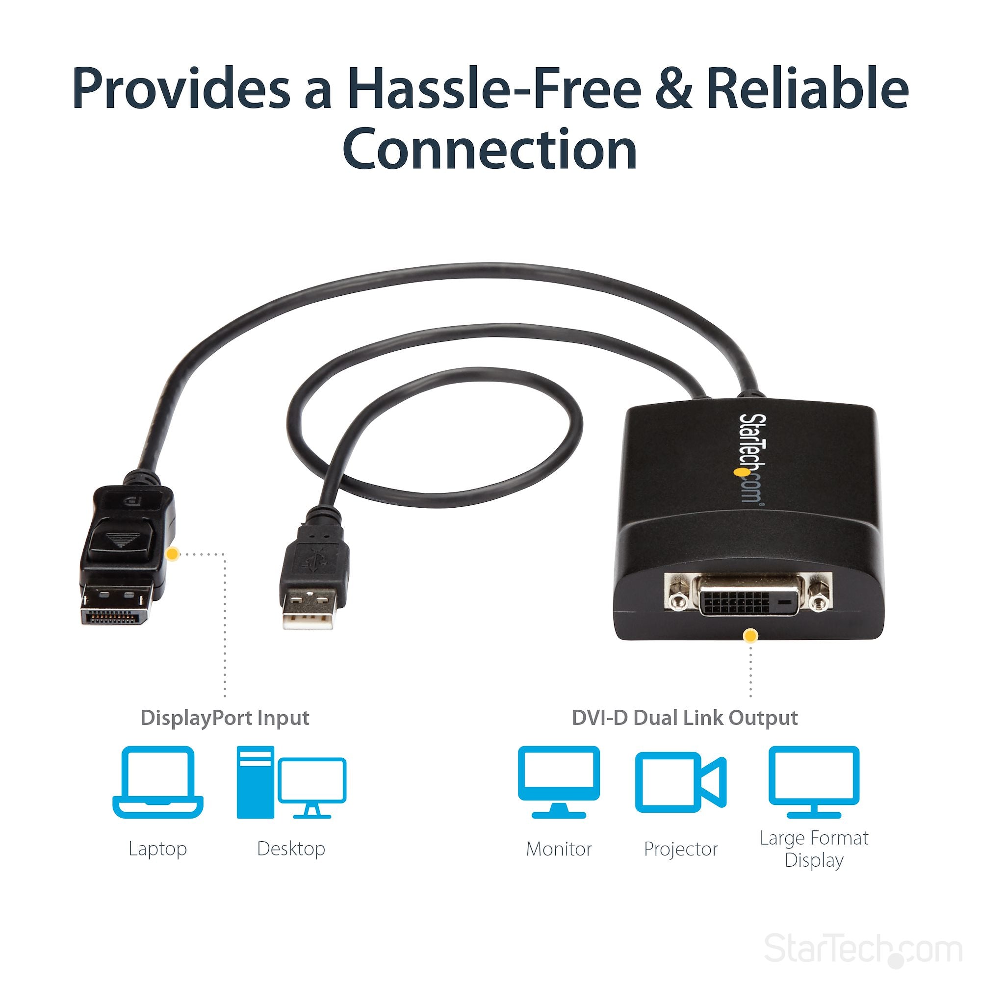 DisplayPort to DVI Dual Link Active Adapter - DisplayPort to DVI-D Adapter Video Converter 2560x1600 60Hz - DP 1.2 to DVI Monitor - USB Powered - Latching DP Connector 