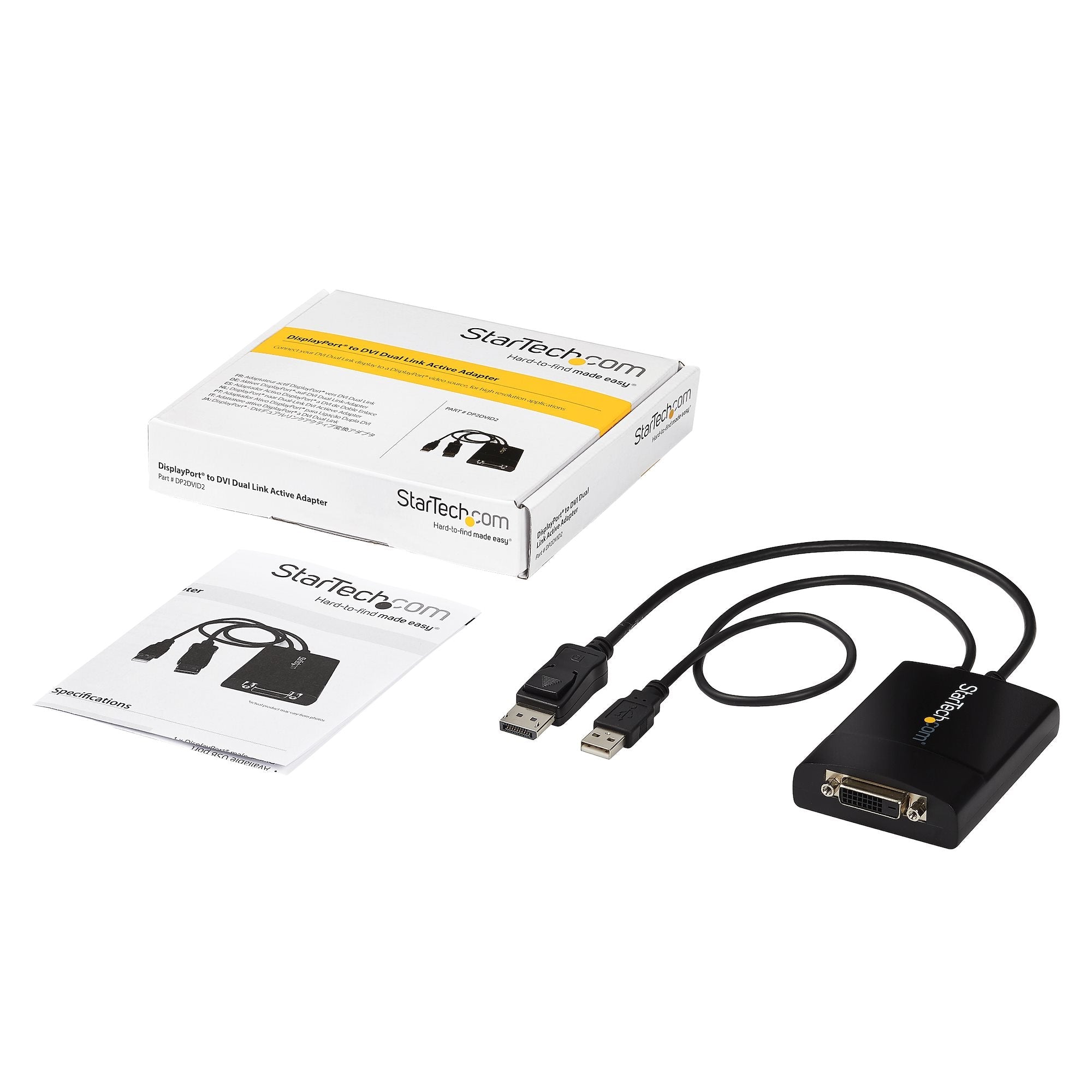 DisplayPort to DVI Dual Link Active Adapter - DisplayPort to DVI-D Adapter Video Converter 2560x1600 60Hz - DP 1.2 to DVI Monitor - USB Powered - Latching DP Connector 