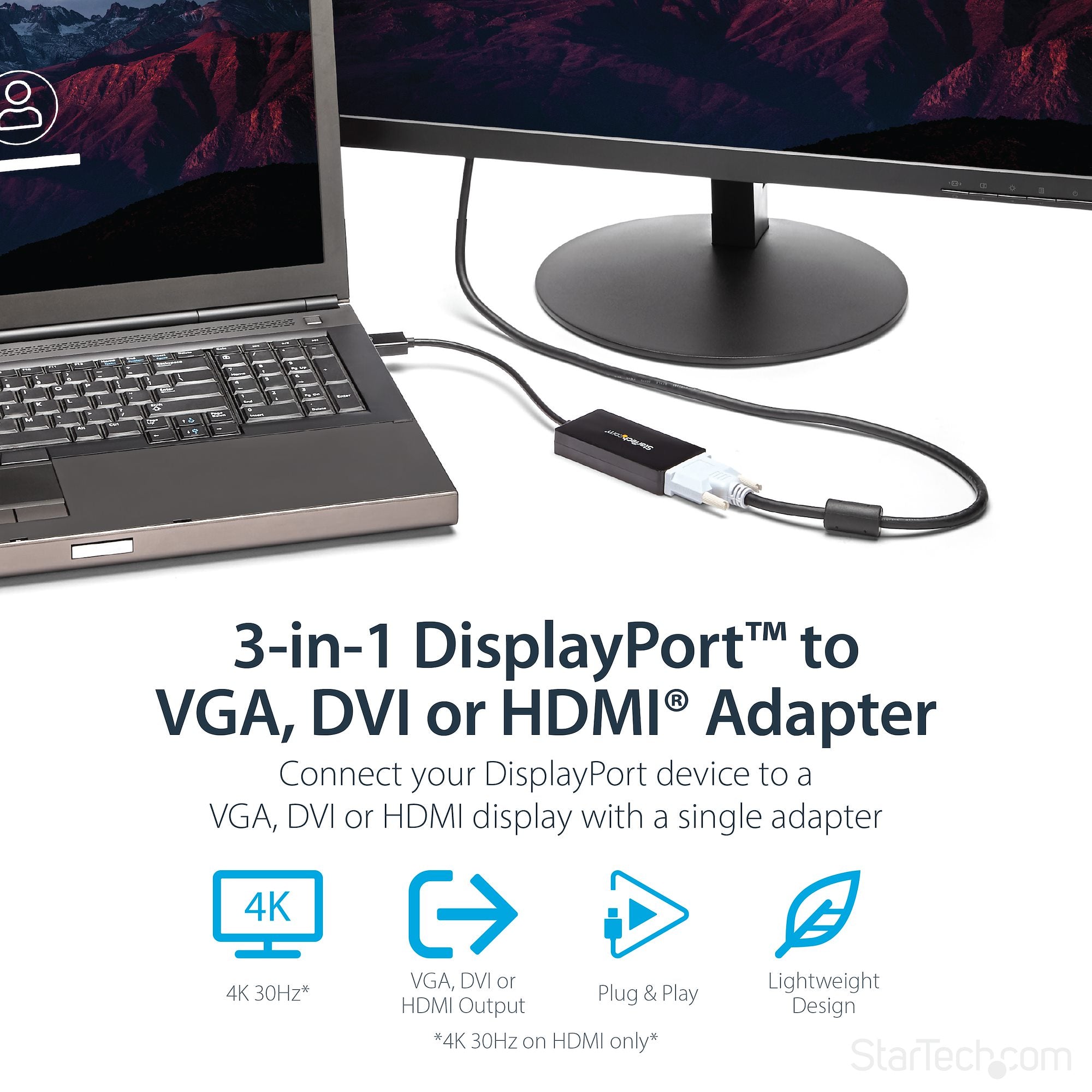 Travel A/V adapter: 3-in-1 DisplayPort to VGA DVI or HDMI converter 