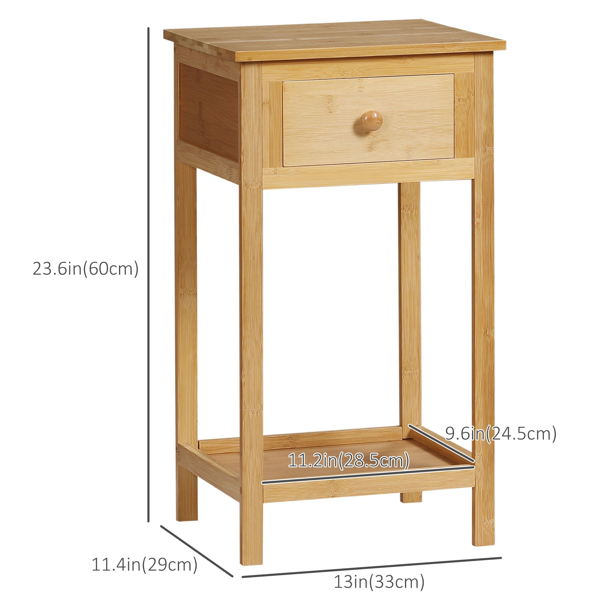 HOMCOM Natural Bamboo Side Table: Slim End Table Nightstand with Drawer and Storage Shelf for Small Spaces 