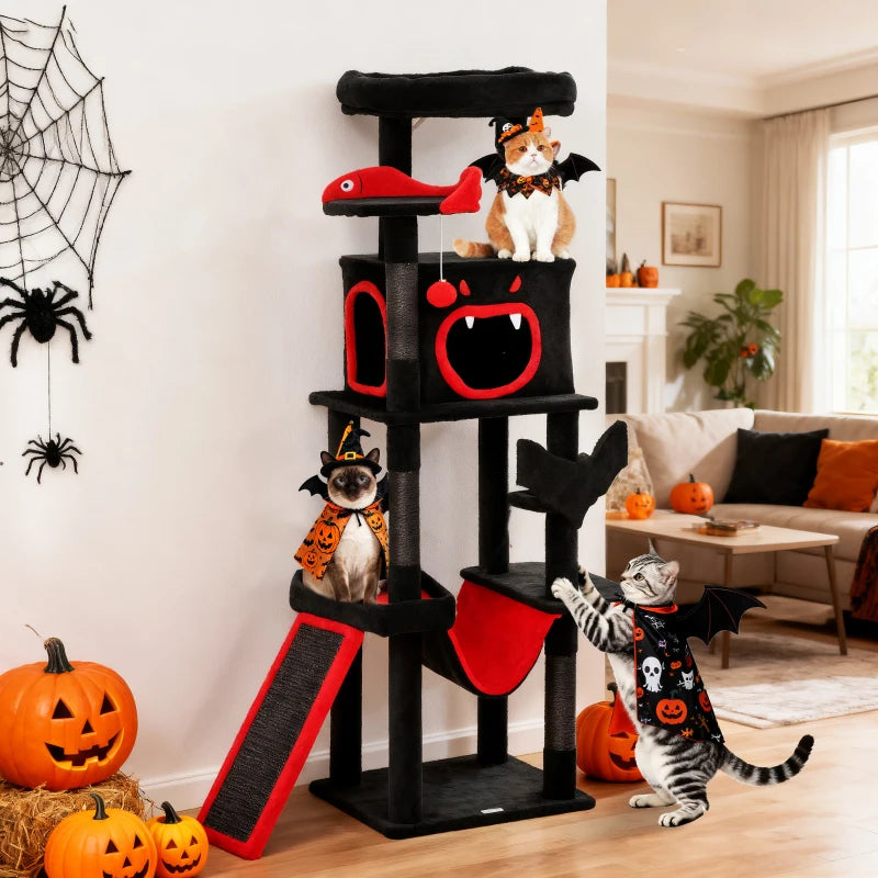Gothic Cat Tree, 60" Tall Cat Tower with Coffin Bed,  Sisal Scratching Posts & Ramp, Condo, Hammock, Perches, Black