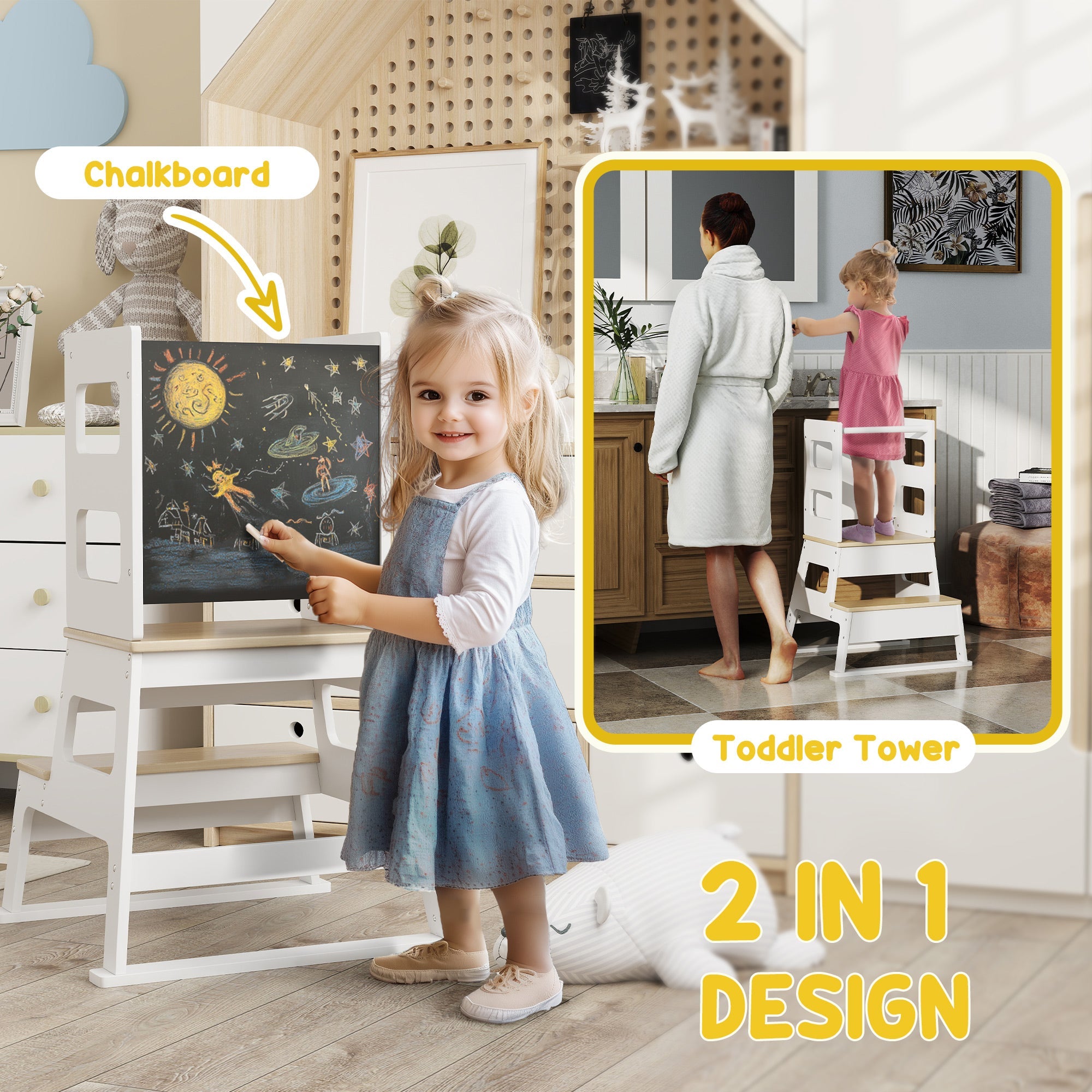 Qaba 2 in 1 Toddler Tower Kitchen Helper w/ Chalkboard, Safety Rail, for Counter, Bathroom, Sink, Kitchen, White 