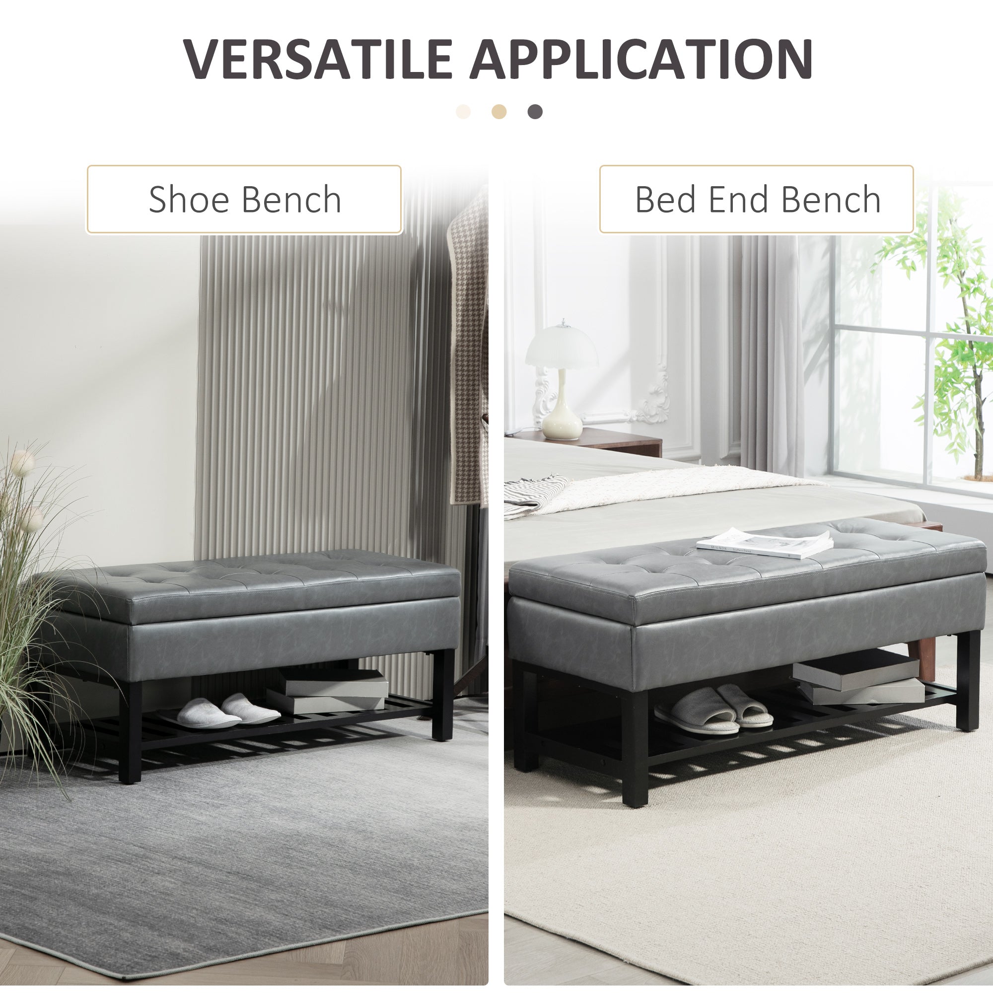 HOMCOM 44" PU Leather Tufted Ottoman Shoe Bench Storage Chest Hallway Grey 