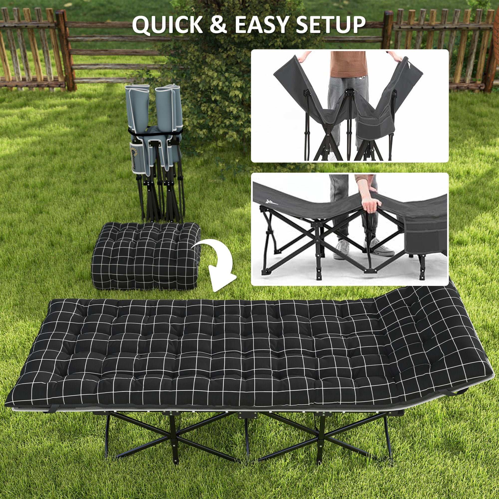 Outsunny 26.4" Wide Folding Bed, Camping Cot for Adults with Mattress, Storage Pocket, Carry Bag, Max Load 330 LBS, Black 