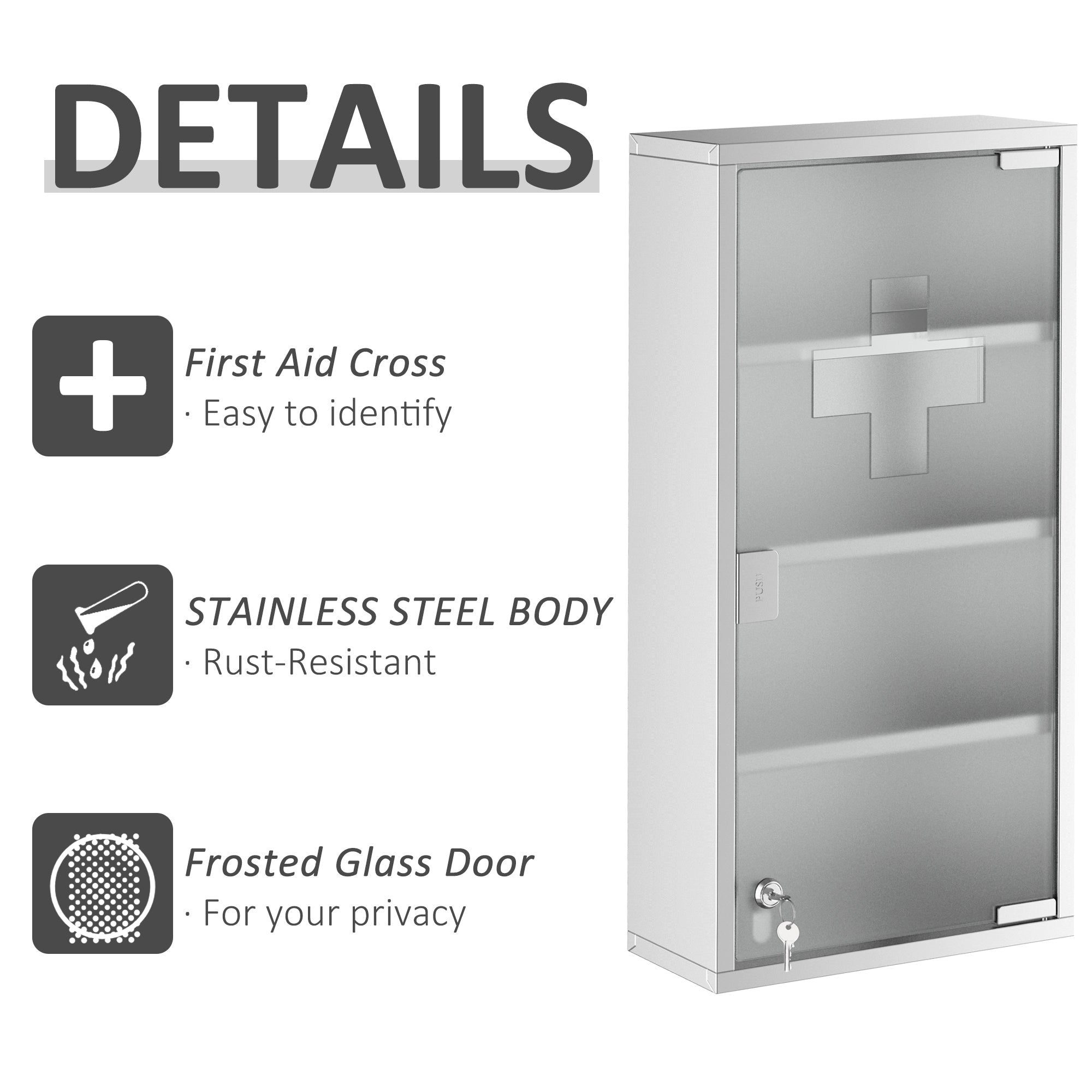 HOMCOM Secure Medicine Vault: Lockable 4-Tier Wall-Mounted First Aid Cabinet with Frosted Glass Door, Stainless Steel Frame 