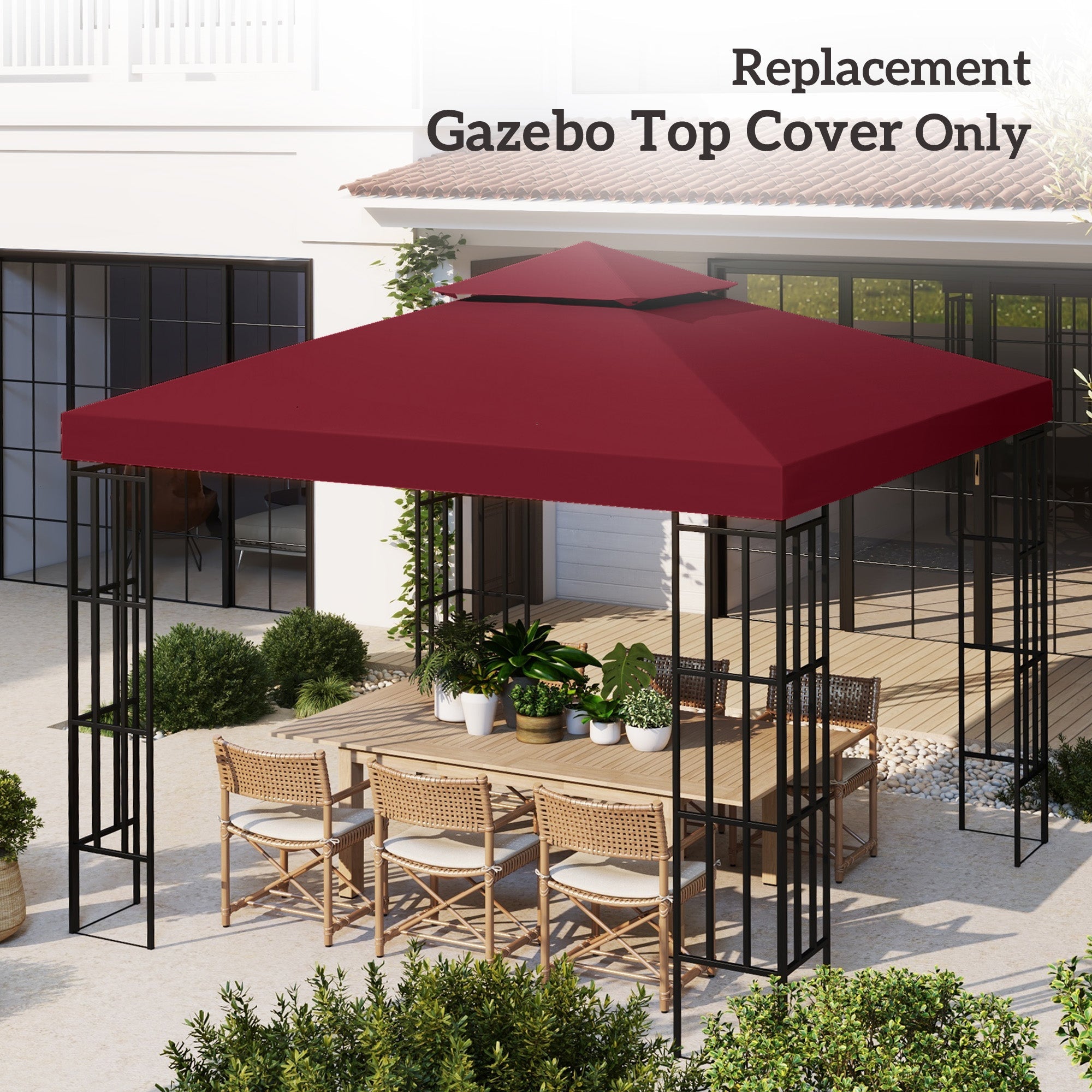 Outsunny 9.8' x 9.8' Square 2-Tier Gazebo Canopy Replacement Top Cover Outdoor Garden Sun Shade, Wine Red 